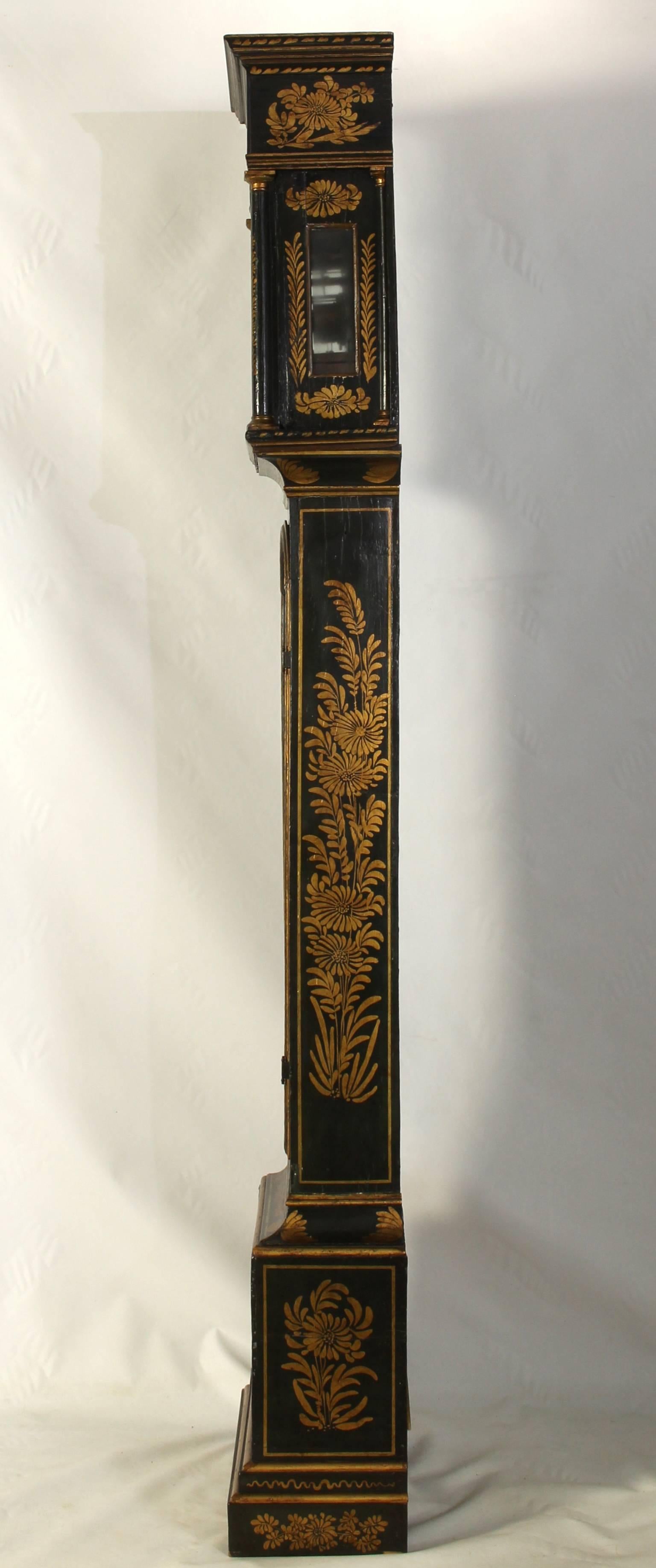 English Late 18th Century George III Japanned Tall Case Clock