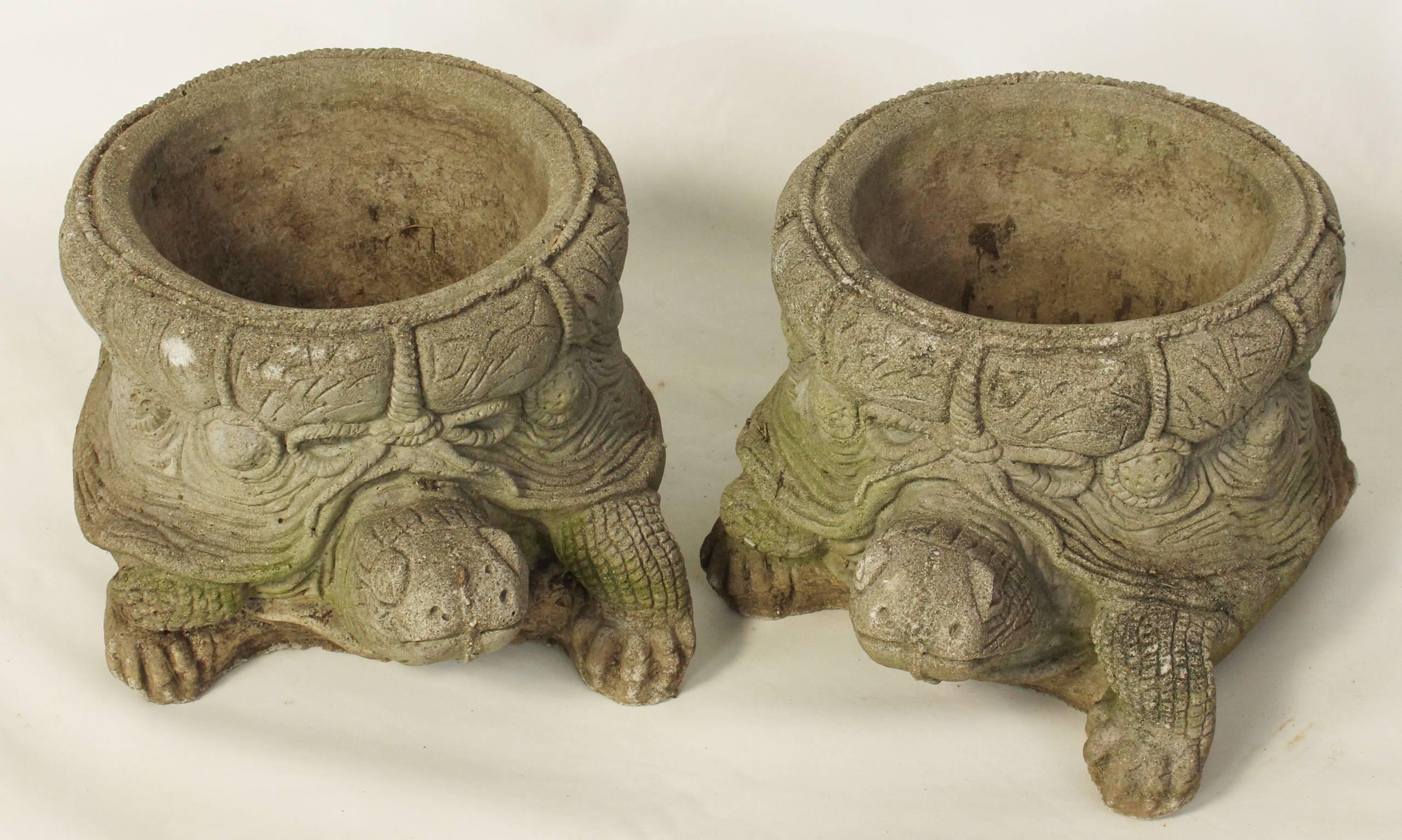 Mid-20th Century Pair of Cast Stone Turtle Form Garden Planters