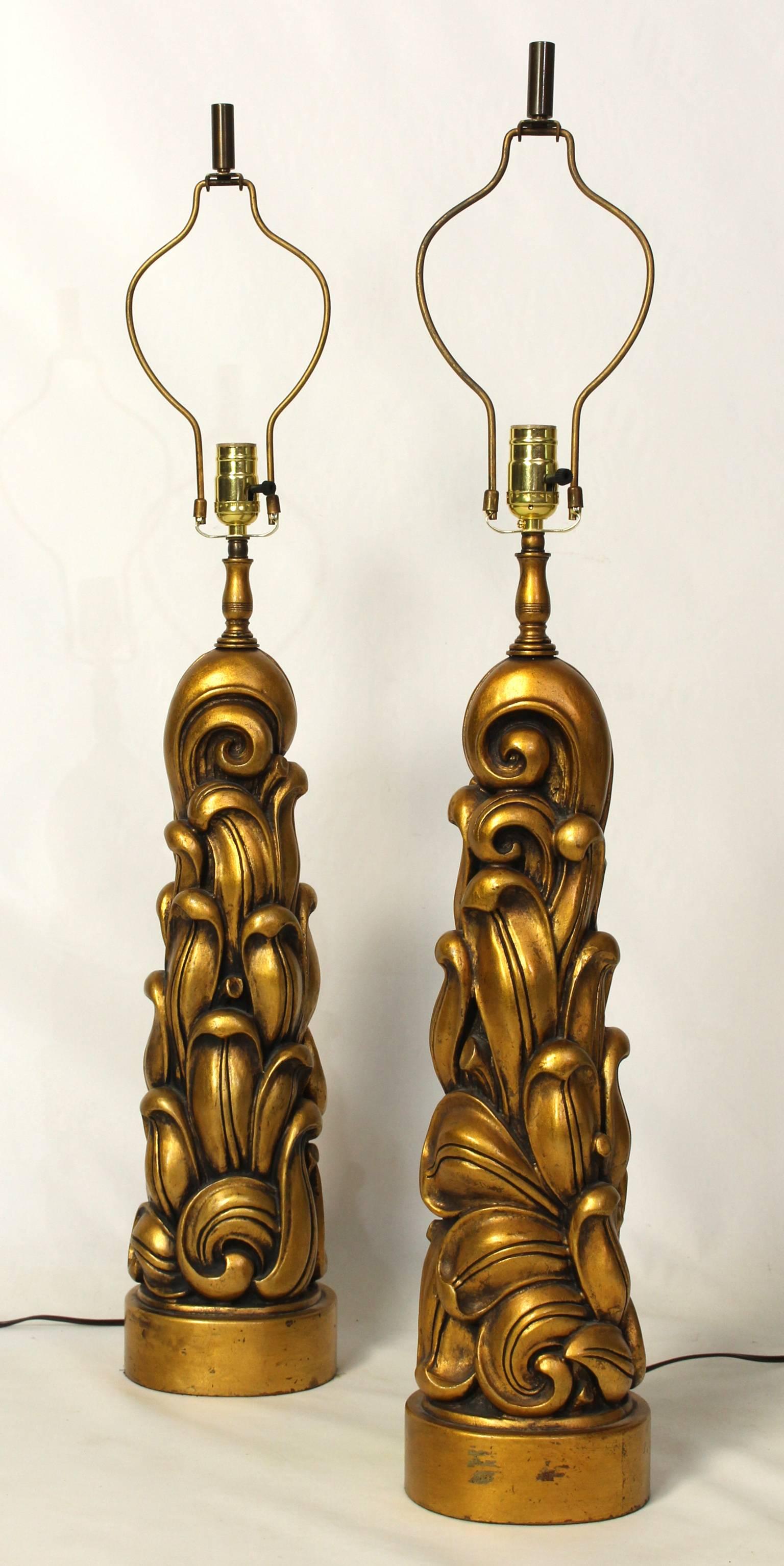 American Sculptural Gilt Wood Table Lamps by James Mont