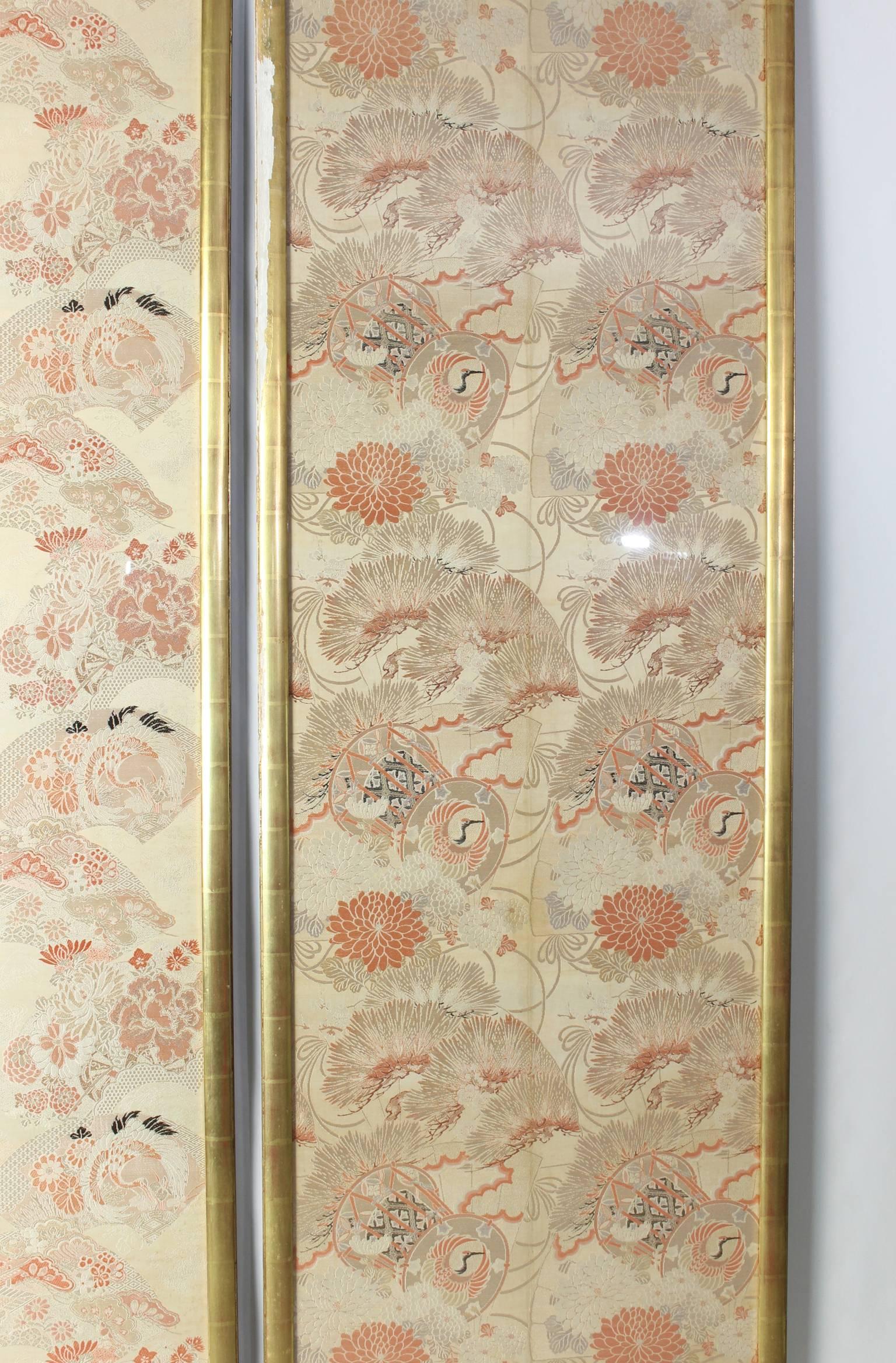 Late 19th Century Exceptionally Large Japanese Brocade Silk Panels in Gilt Frames For Sale