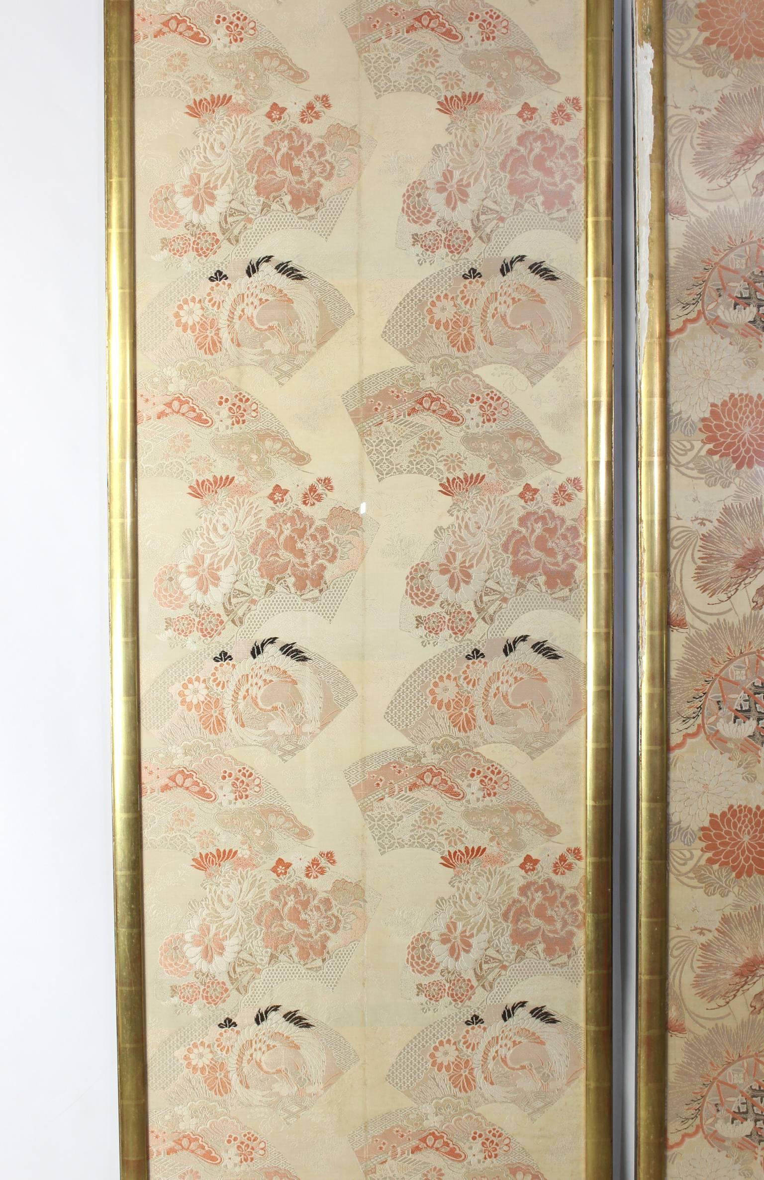 Exceptionally Large Japanese Brocade Silk Panels in Gilt Frames In Good Condition For Sale In Kilmarnock, VA