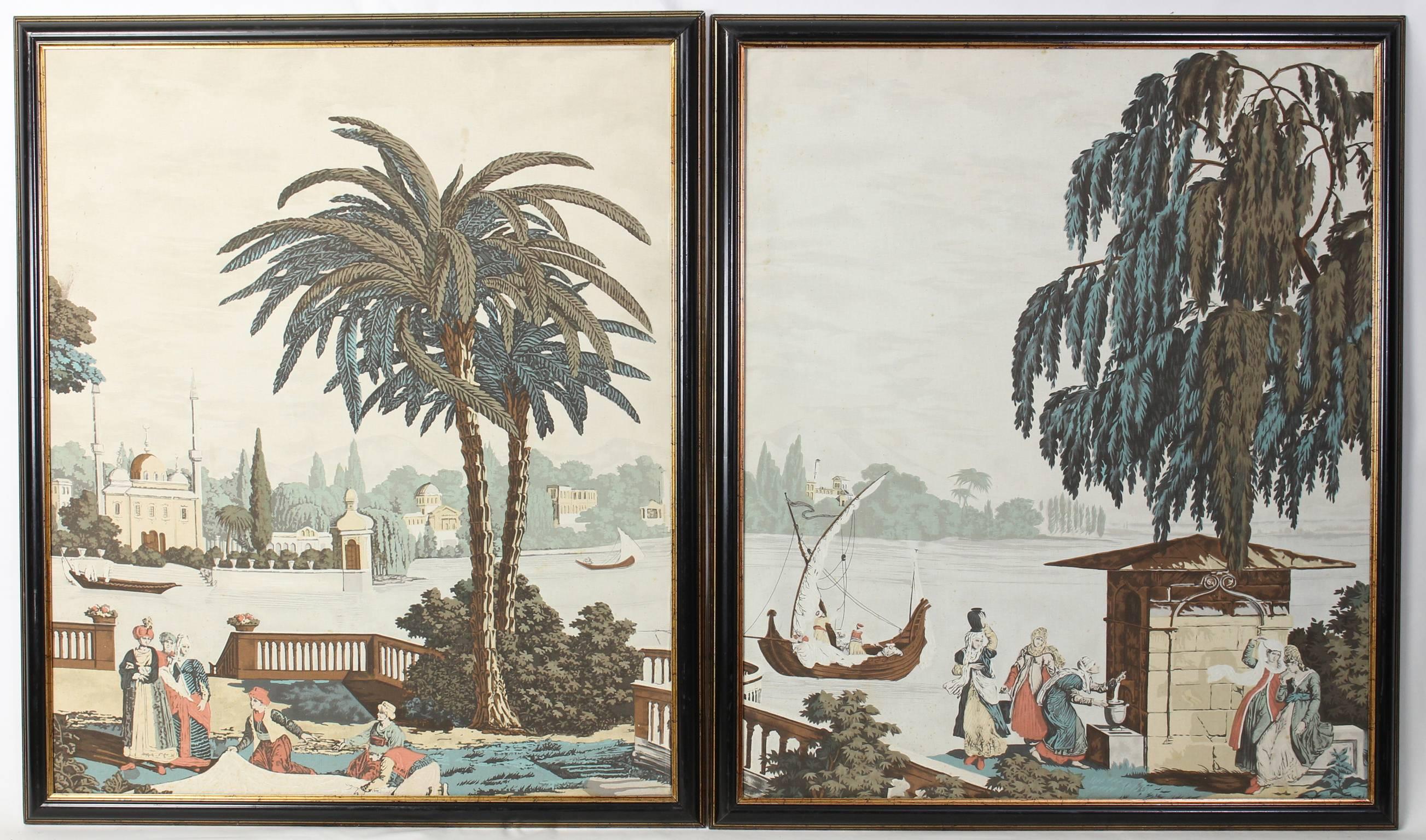 A stunning pair of framed Zuber style printed fabric panels depicting an exotic scene of a Turkish landscape.