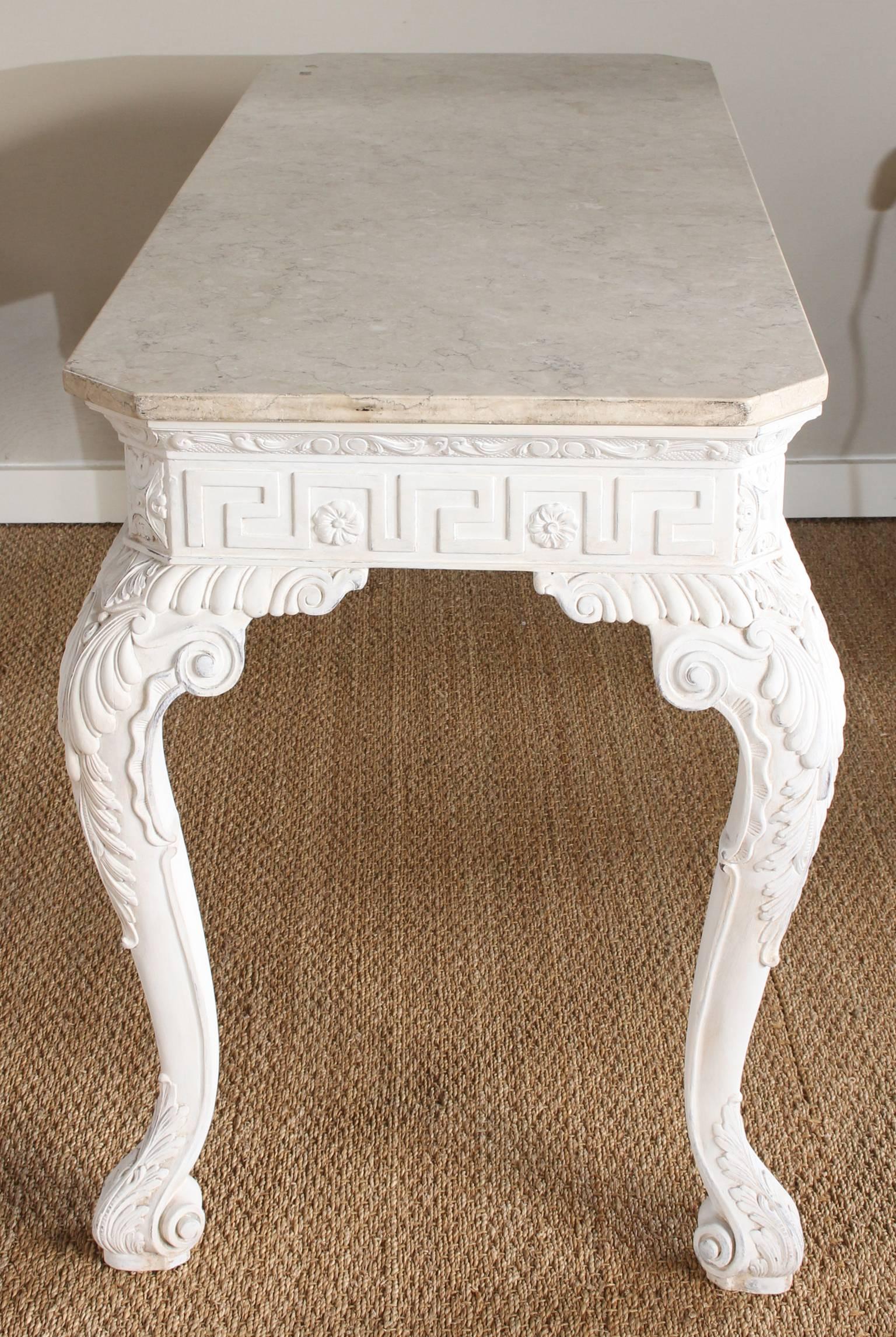 English George III Style Marble Top Carved and Painted Console Table