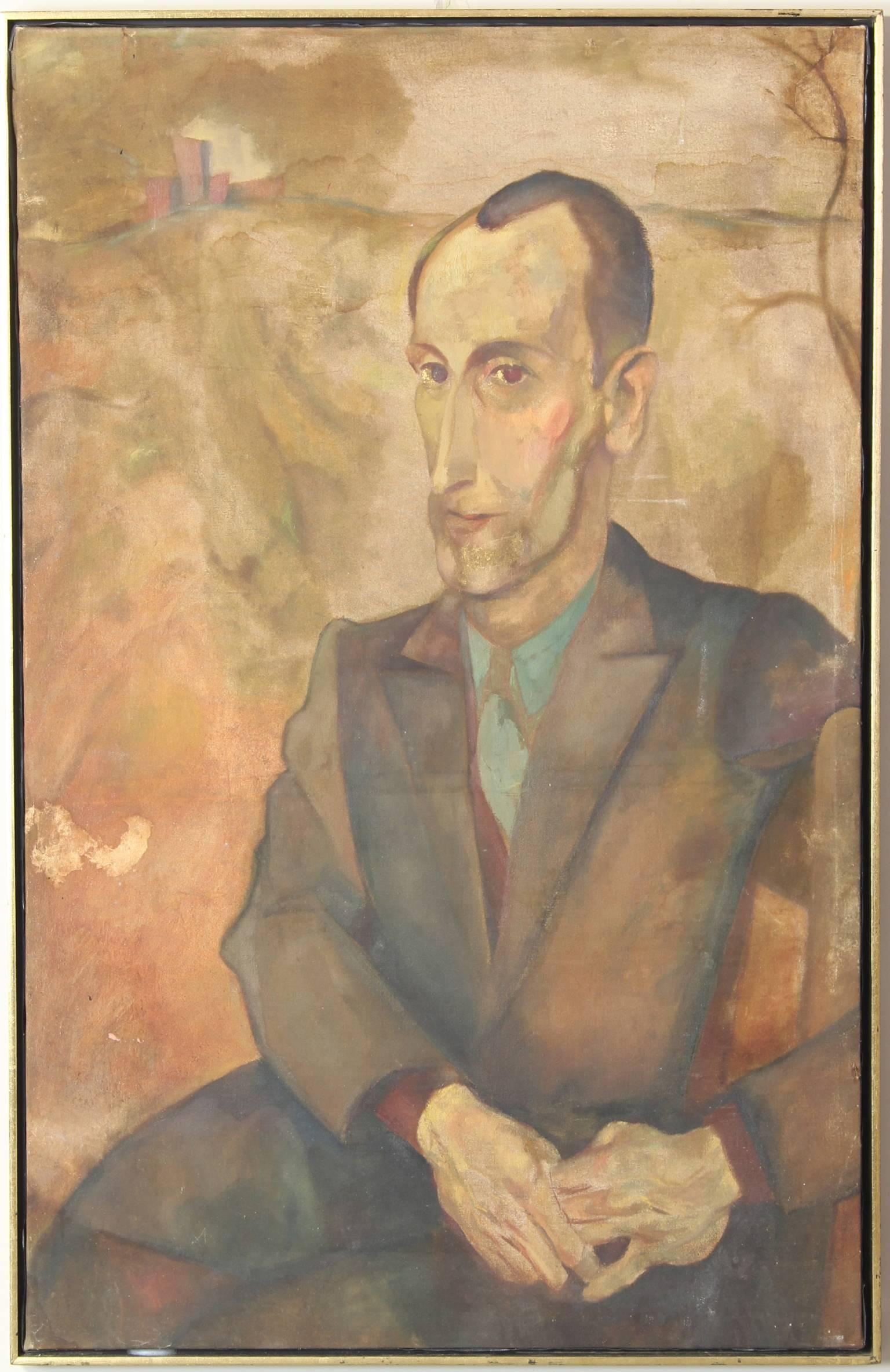 Large modern mannerist style oil on canvas portrait of a seated gentleman, circa 1940s, in a later wood and gold leafed frame from the Thomas Co. gallery, in Washington, DC.