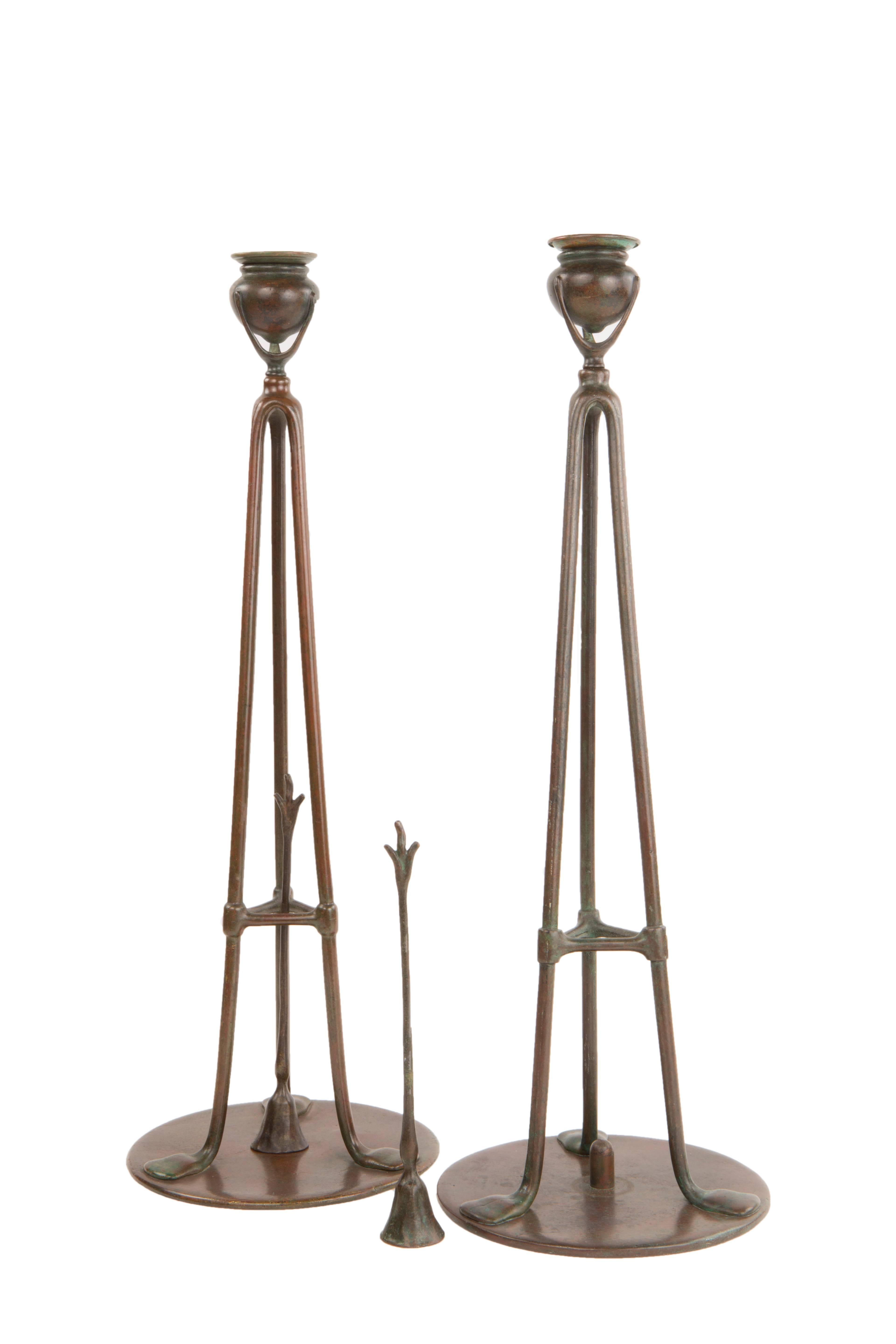 American Pair of Art Nouveau Tiffany Studios Tripod Candlesticks