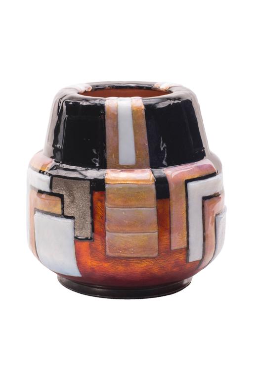 Geometrische emaillierte Art-Déco-Vase von Camille Faur im Angebot bei  1stDibs