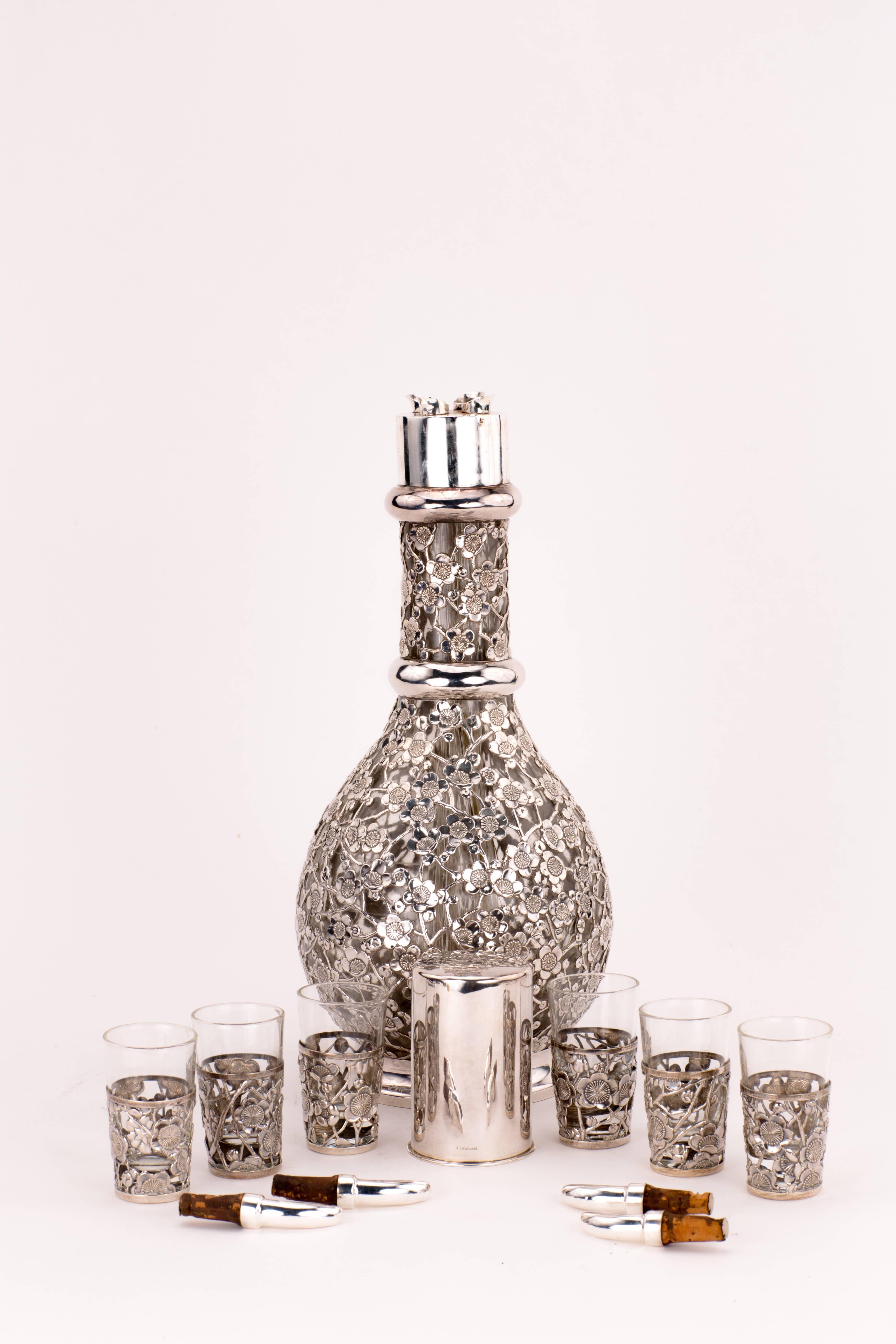 20th Century French Art Nouveau Sterling Silver Overlay Decanter and Matching Cordials