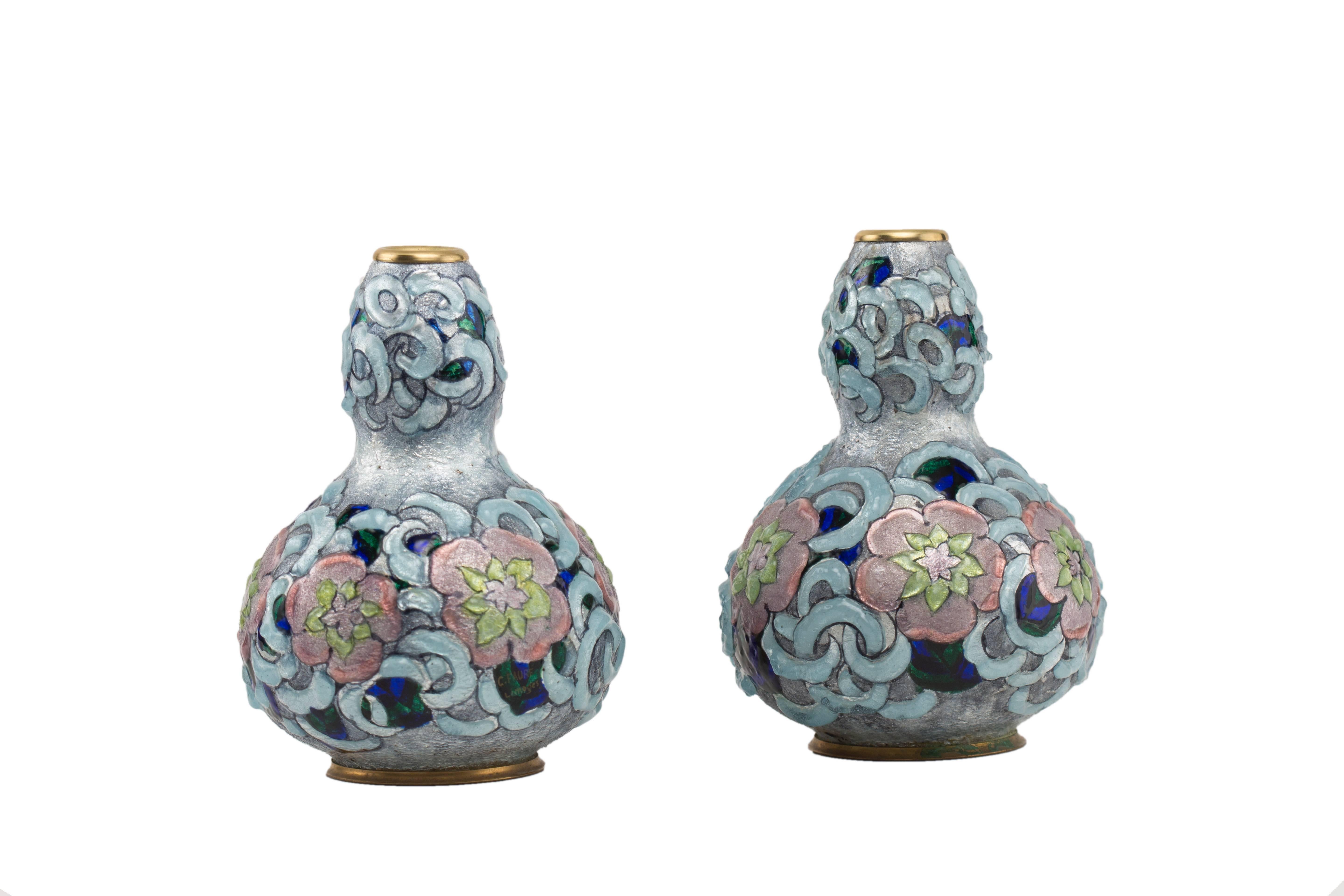 Brass Pair of French Art Deco Enameled Vases by Camille Fauré