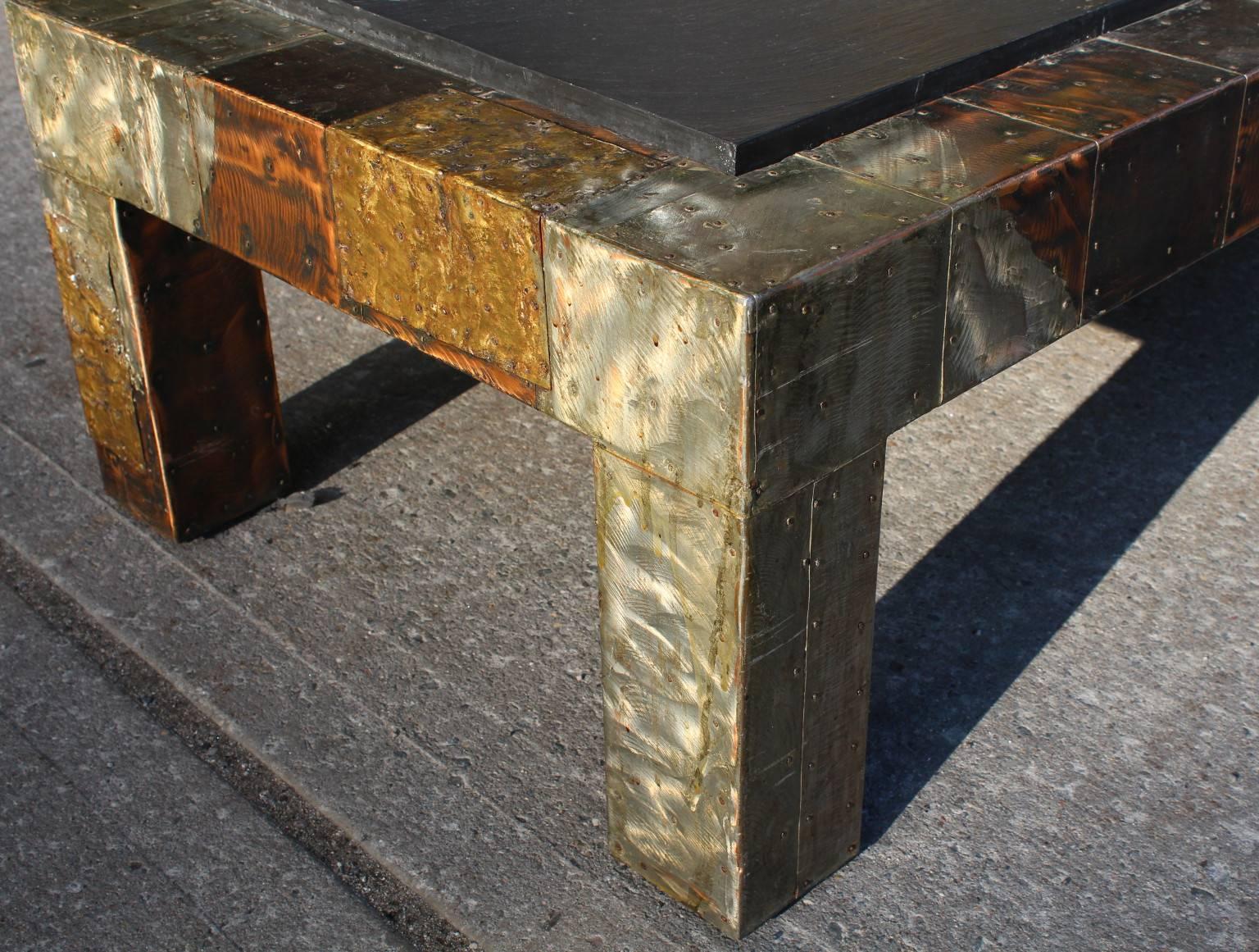 Brutalist Paul Evans Mixed-Metal Patchwork Coffee Table with Slate Top 72