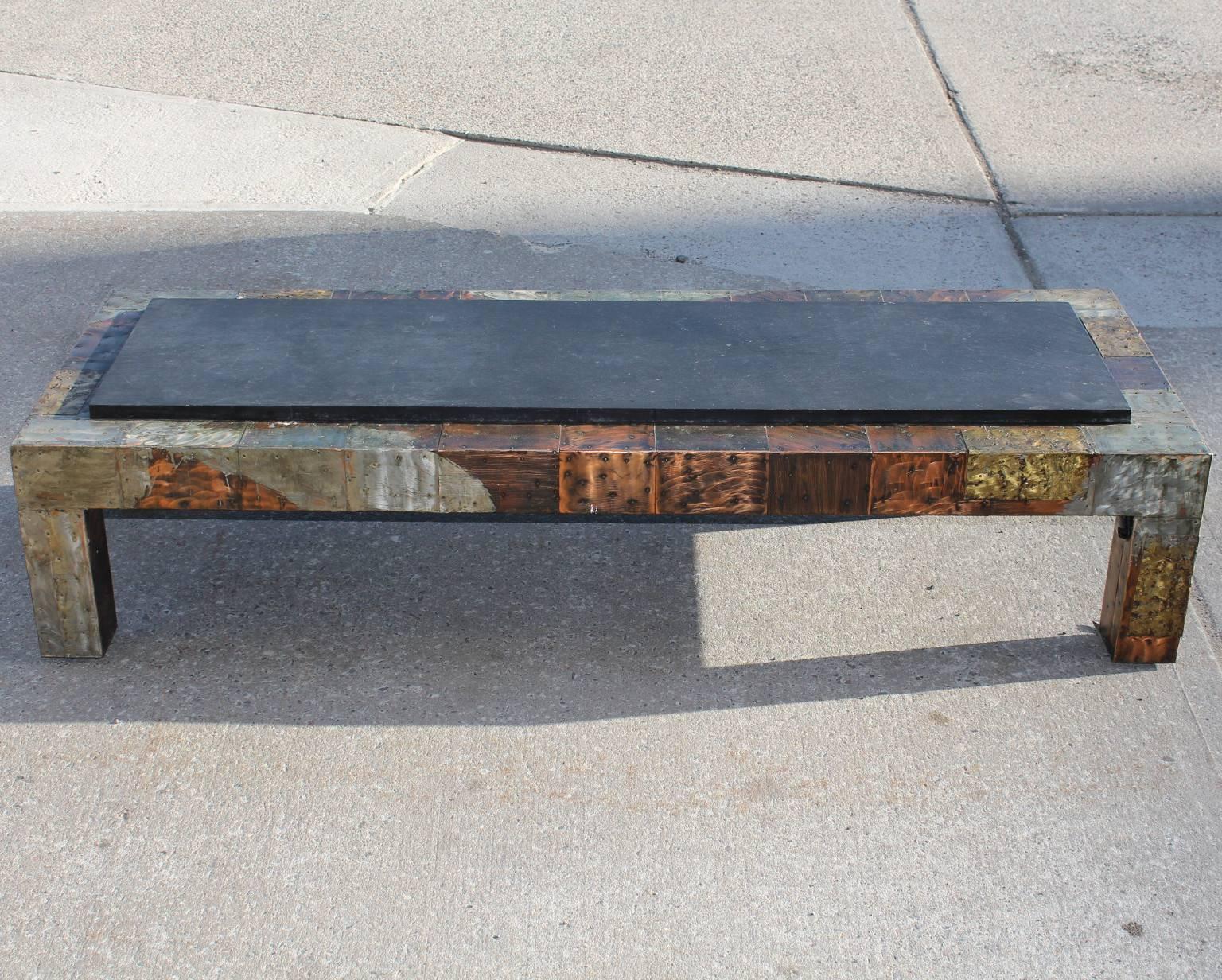 American Paul Evans Mixed-Metal Patchwork Coffee Table with Slate Top 72