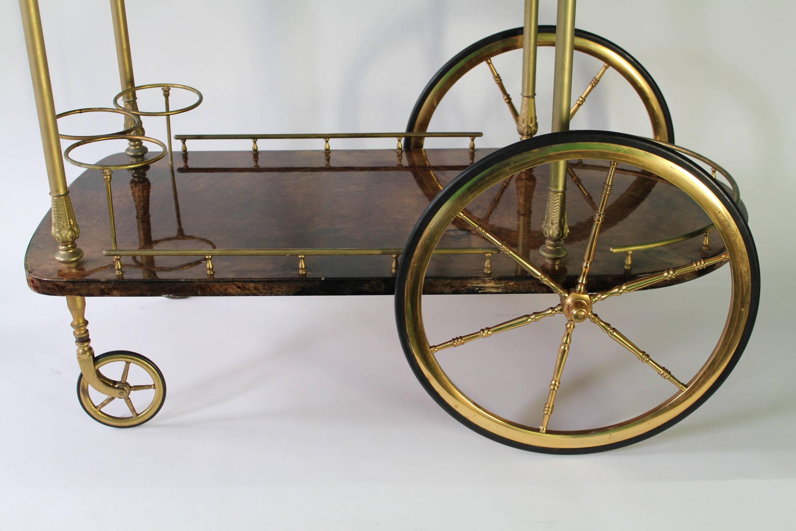 Brass Aldo Tura Lacquered Goatskin Bar Cart