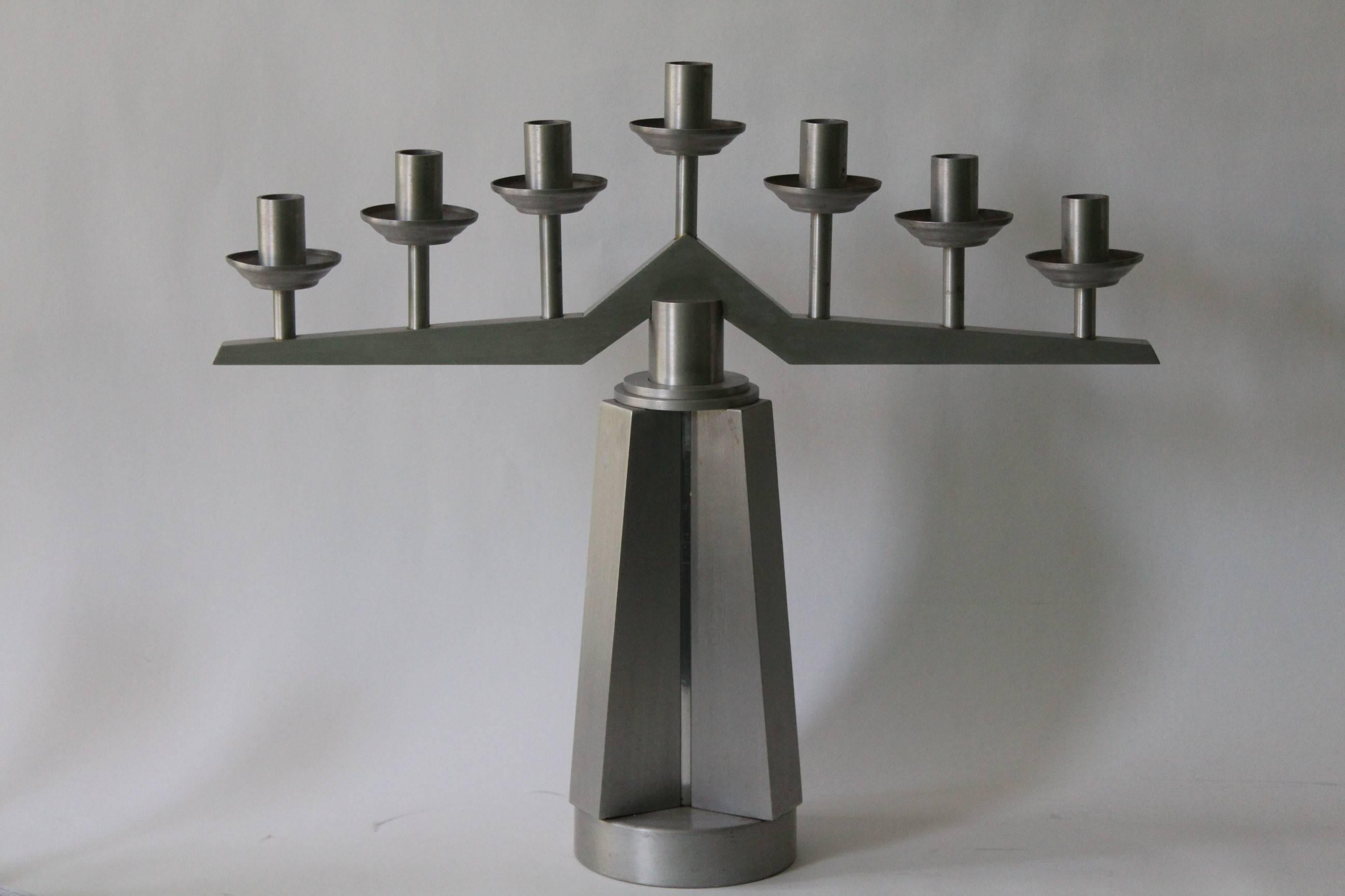 Brushed Art Deco Seven-Light Aluminum Candelabrum