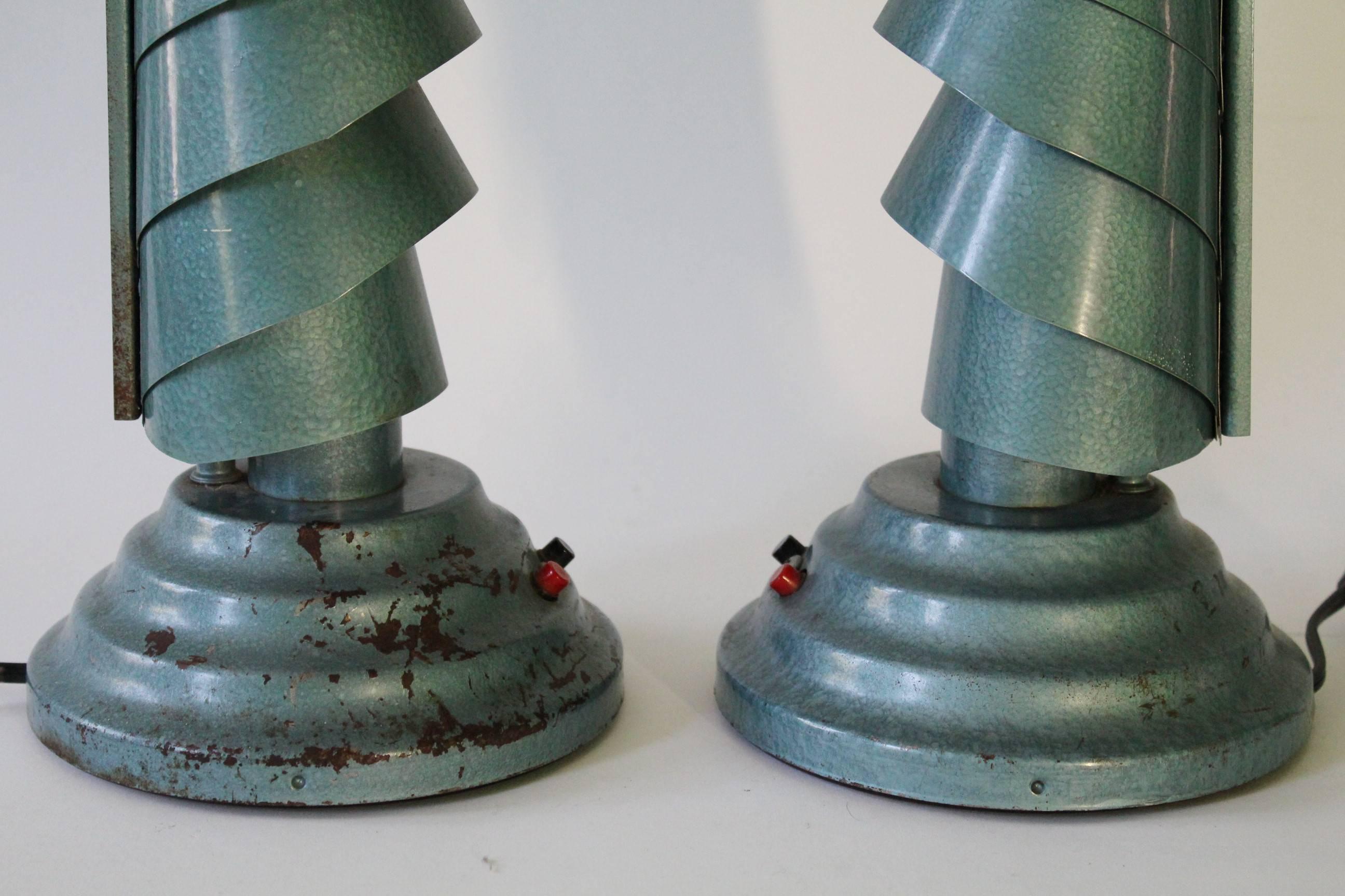 20th Century Pair of Art Deco Layered Aluminum Lamps