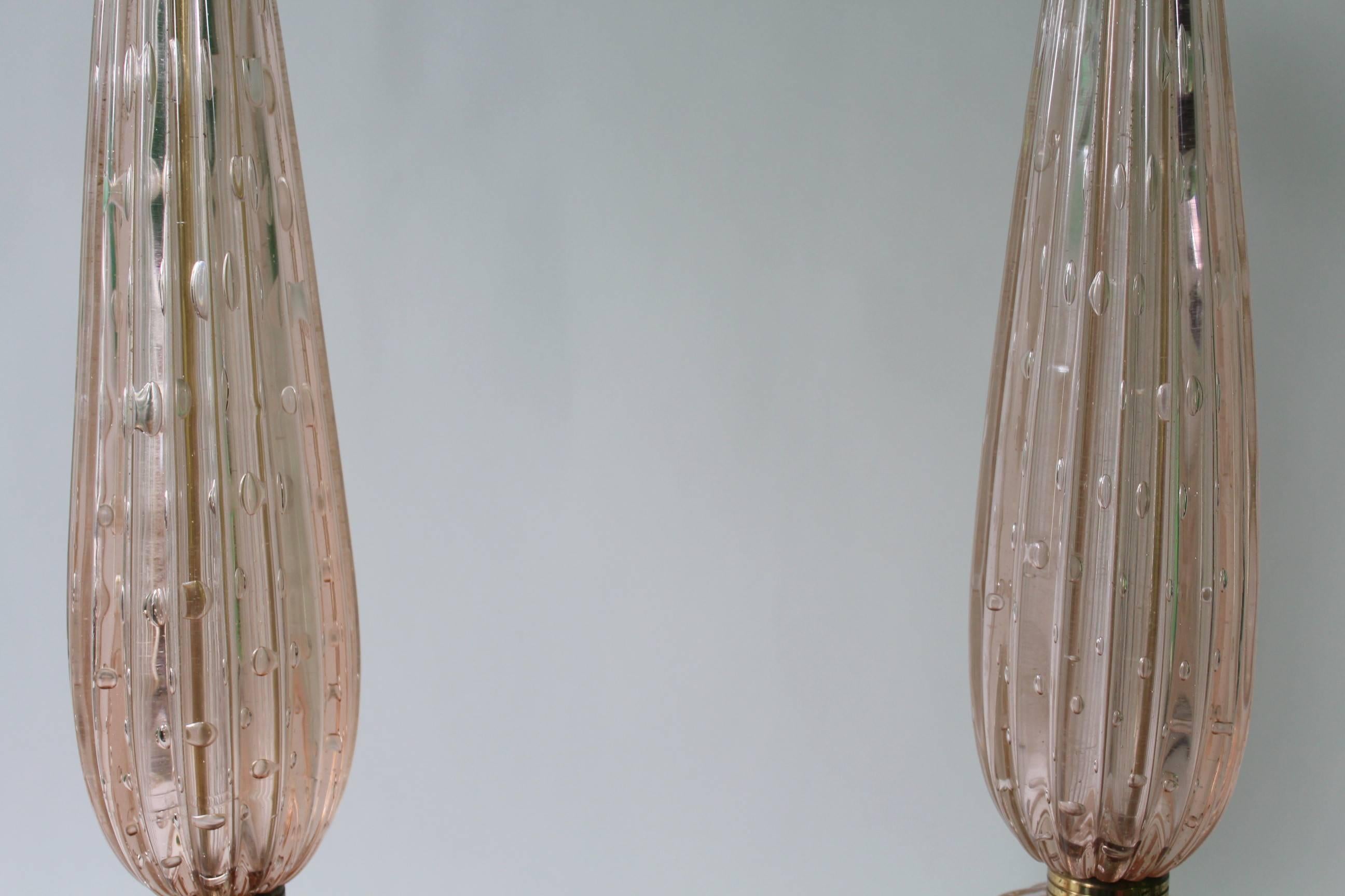 Italian Pair of Barovier e Toso Pink Murano Glass Lamps