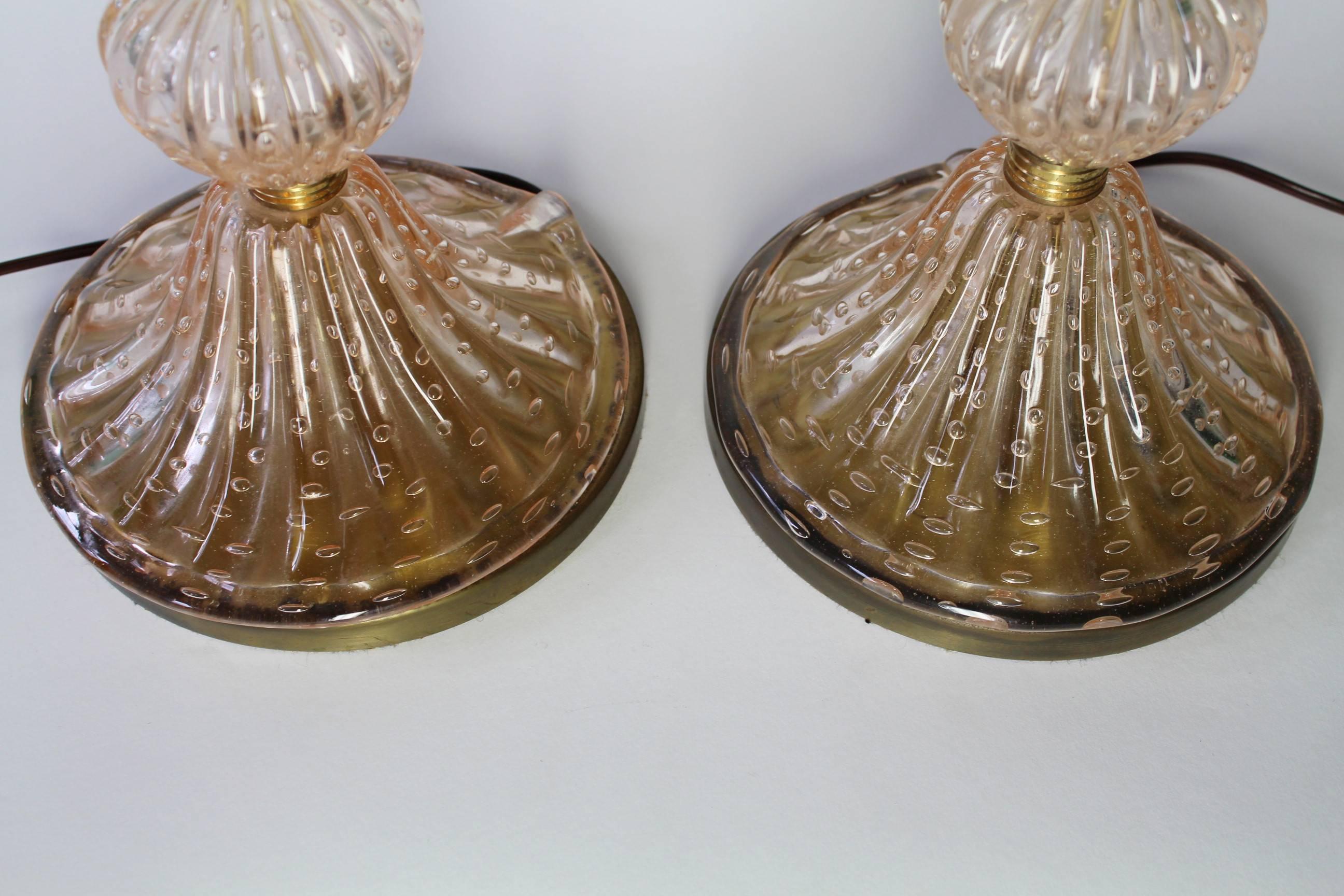 Mid-20th Century Pair of Barovier e Toso Pink Murano Glass Lamps