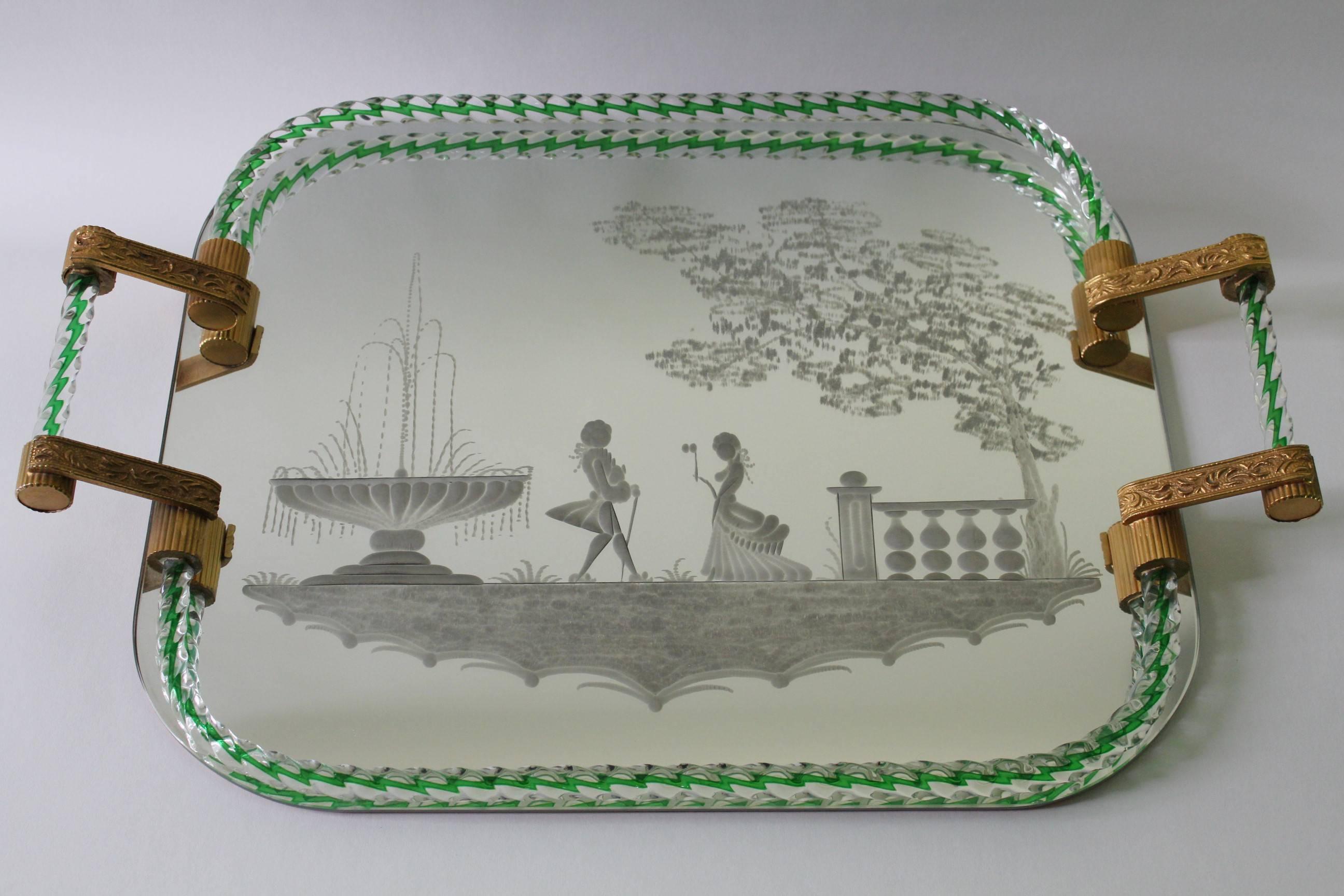 Frosted Mirrored Tray with Murano Glass Gallery, Attributed to Barovier