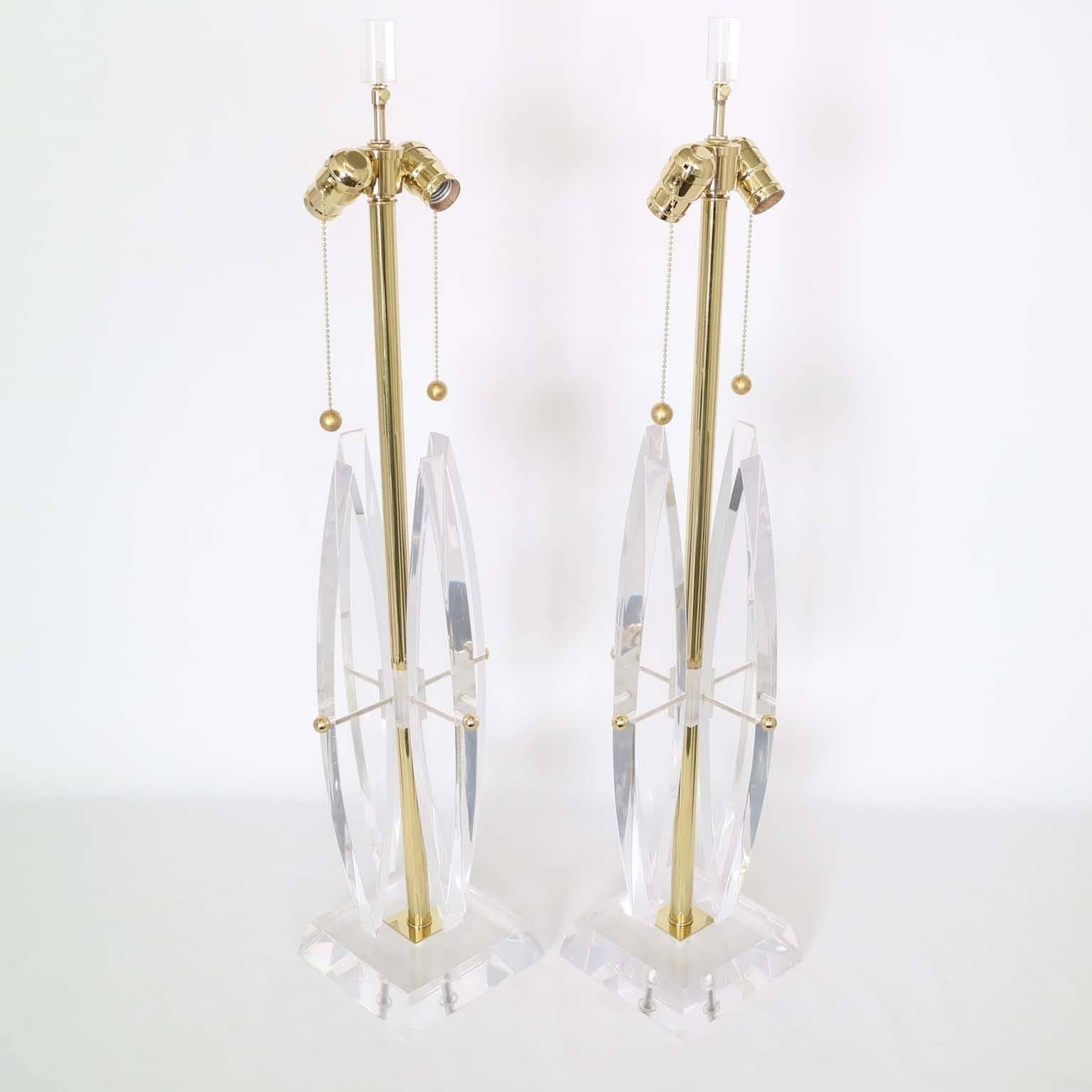 Brass Pair of Restored Ritts Astrolite Lucite Lamps