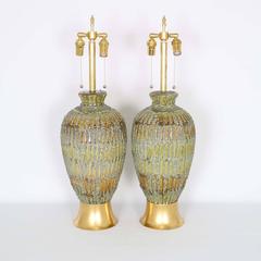 Restored Pair of Mid-Century Modern Drip Lava Glaze Lamps