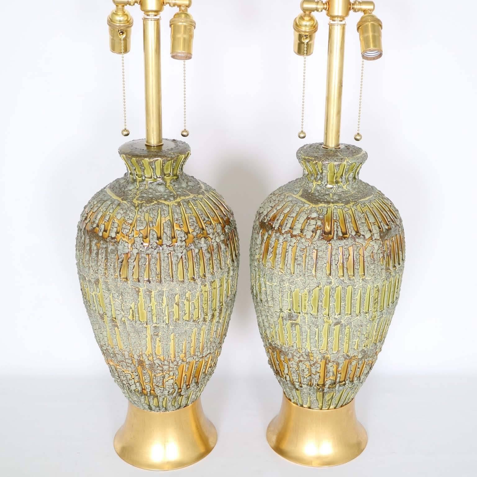 Gilt Restored Pair of Mid-Century Modern Drip Lava Glaze Lamps