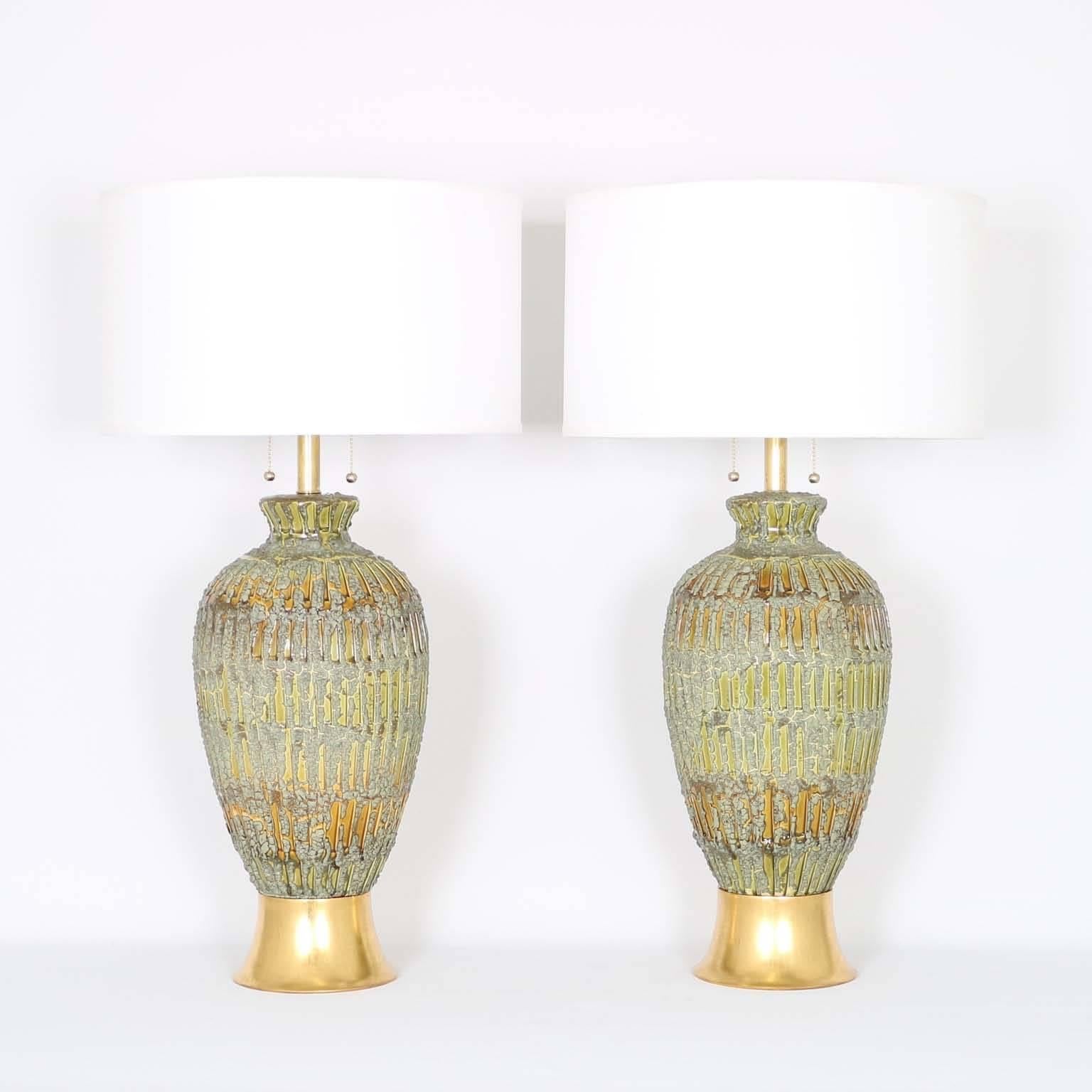Ceramic Restored Pair of Mid-Century Modern Drip Lava Glaze Lamps