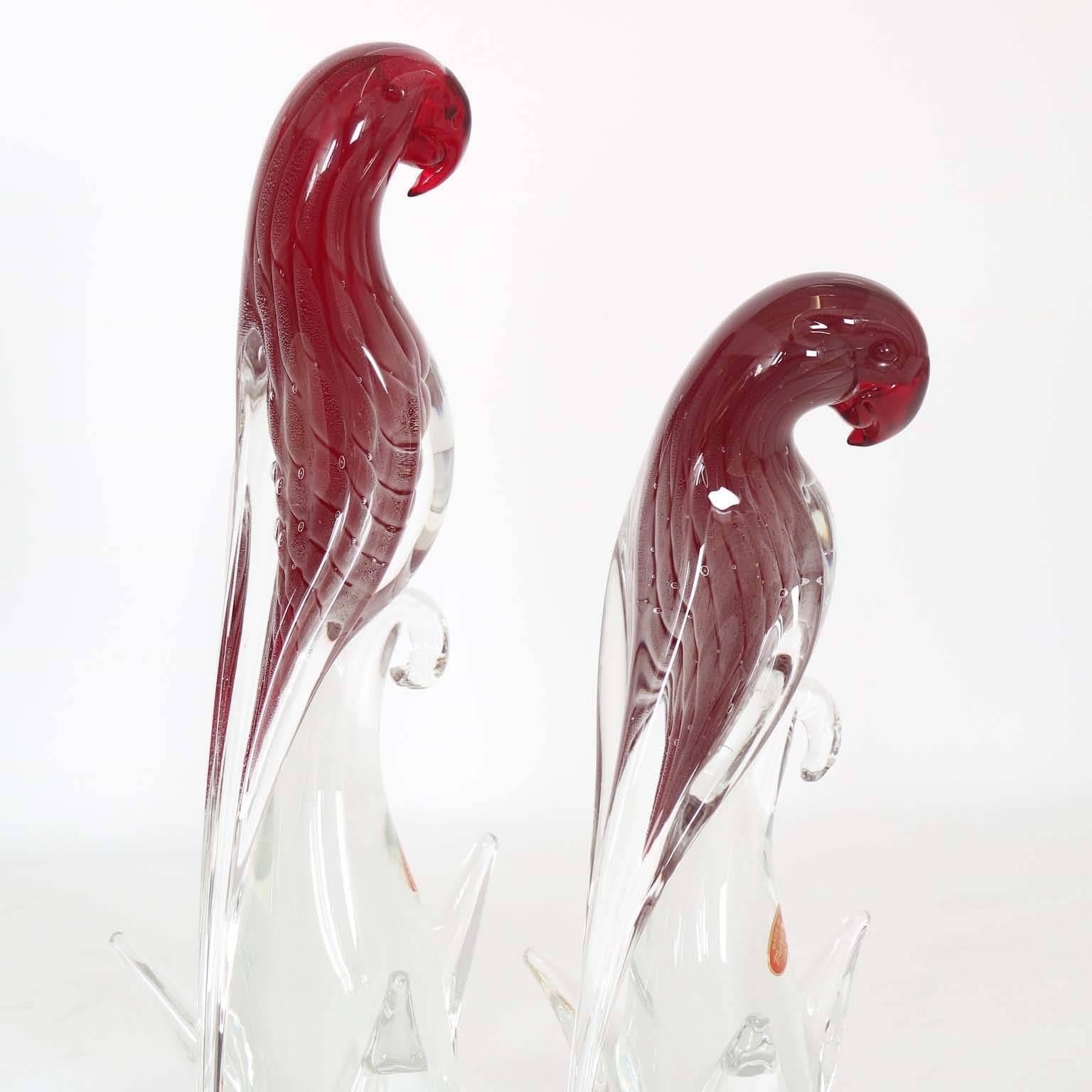 Mid-Century Modern Pair of Murano Glass Parrot Birds by Barbini