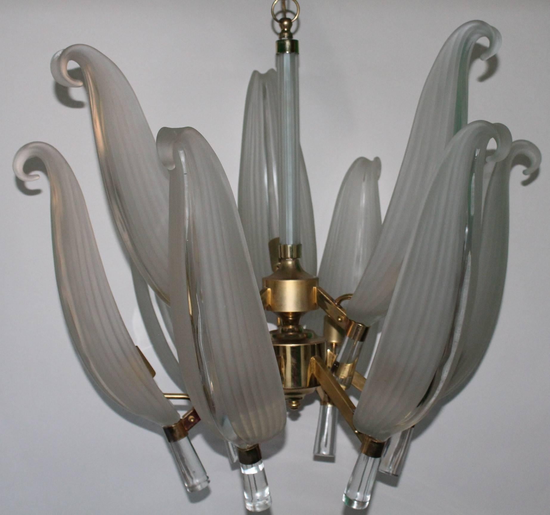 Brass Franco Luce Murano Glass Chandelier with Leaf Motif