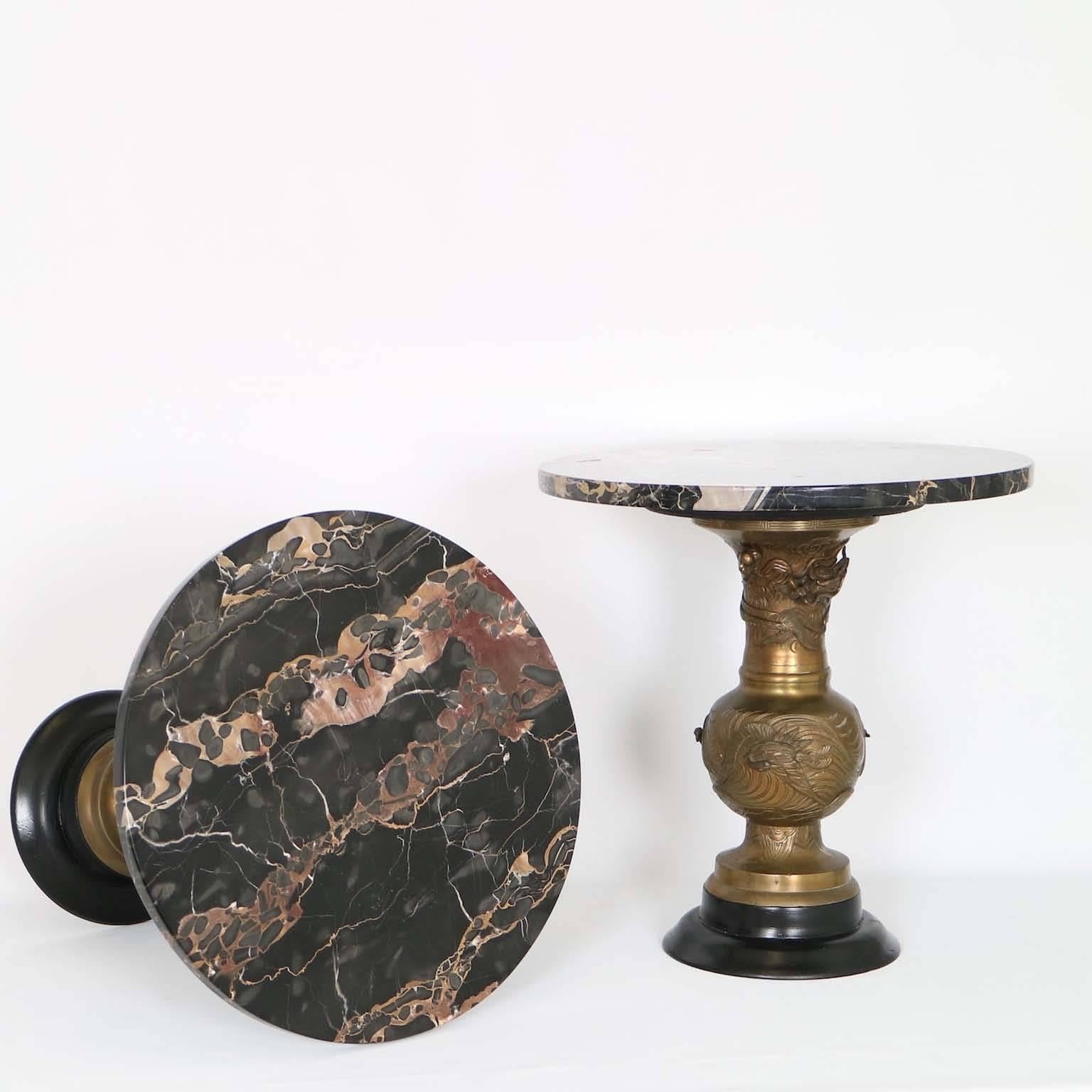 Ebonized Pair of Japanese Meiji Vases as Mid-Century Modern Marble-Top Side Tables