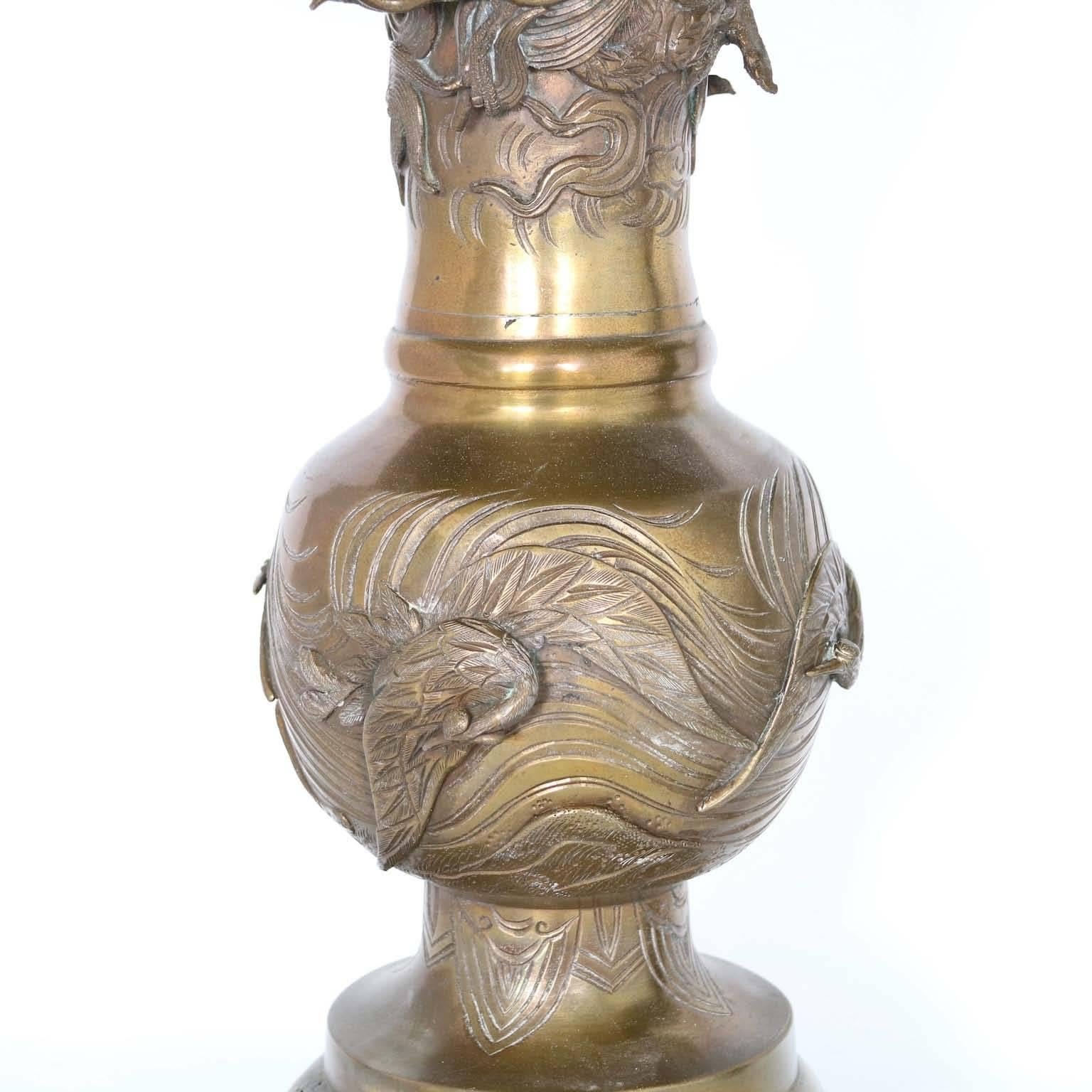 Bronze Pair of Japanese Meiji Vases as Mid-Century Modern Marble-Top Side Tables