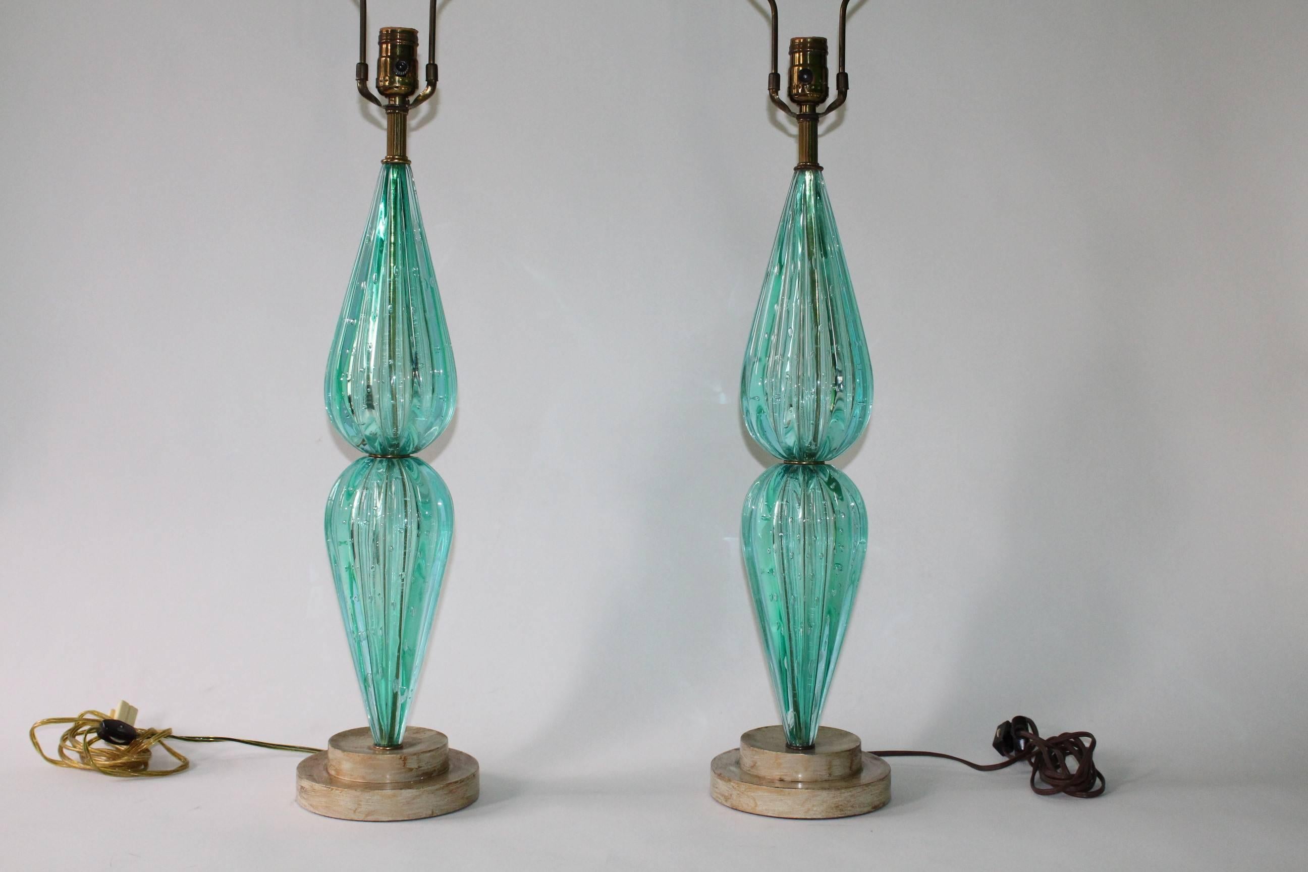 Italian Pair of Aquamarine Murano Glass Bullicante Lamps