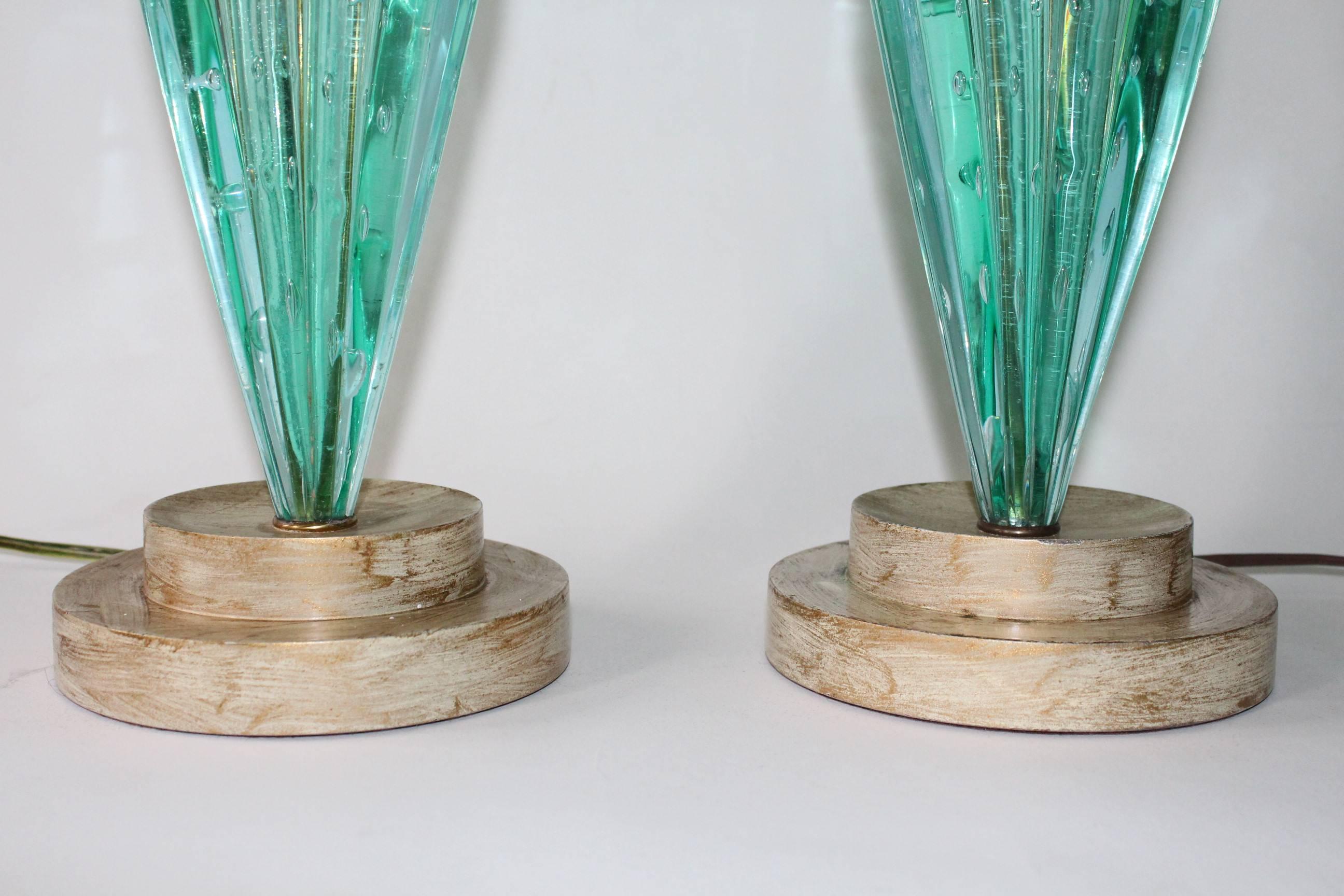 20th Century Pair of Aquamarine Murano Glass Bullicante Lamps