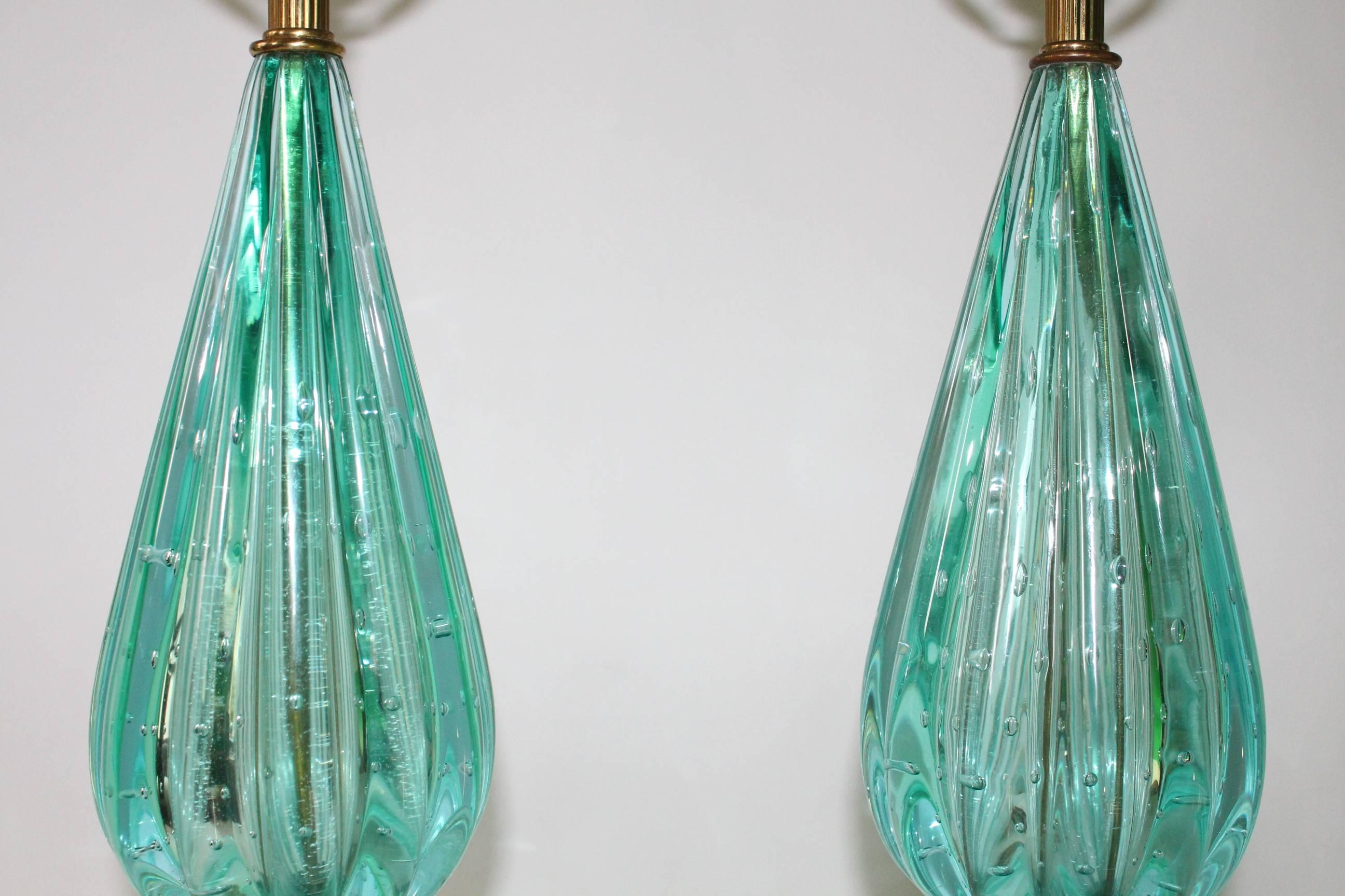 Pair of Aquamarine Murano Glass Bullicante Lamps In Good Condition In New York, NY