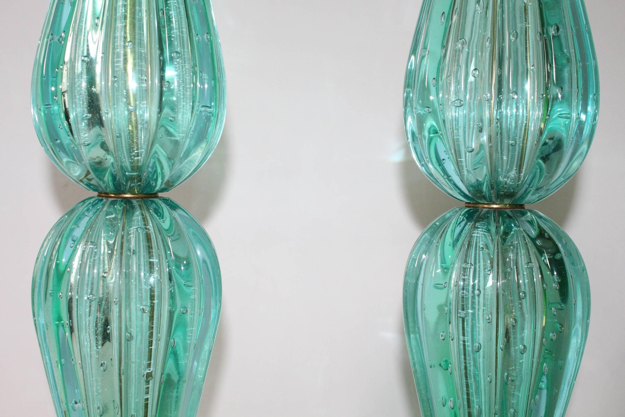 Metal Pair of Aquamarine Murano Glass Bullicante Lamps