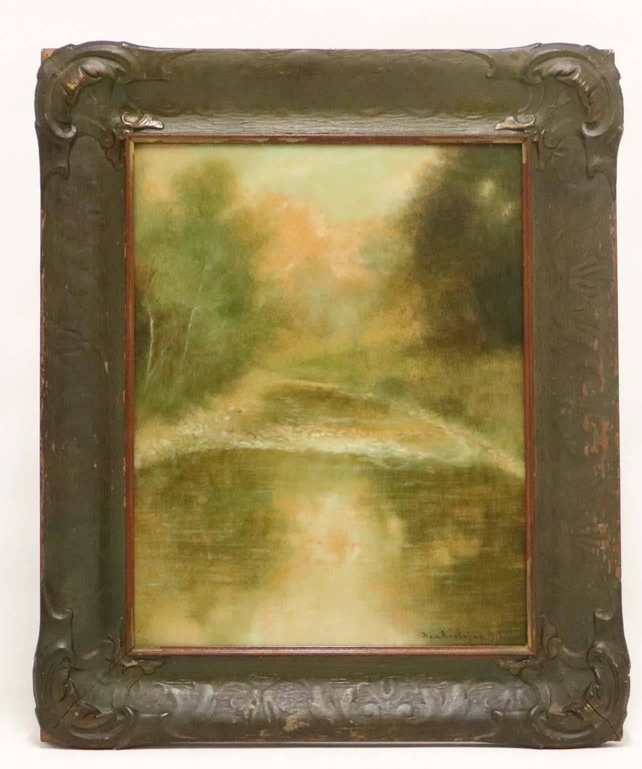 Ben Austrian (American, 1870–1921) oil on board, signed and dated 1915 depicting an impressionist landscape with lake. Framed and untouched, with inscription to the back by the artist.

Ben Austrian's painting career began by exhibiting a trompe