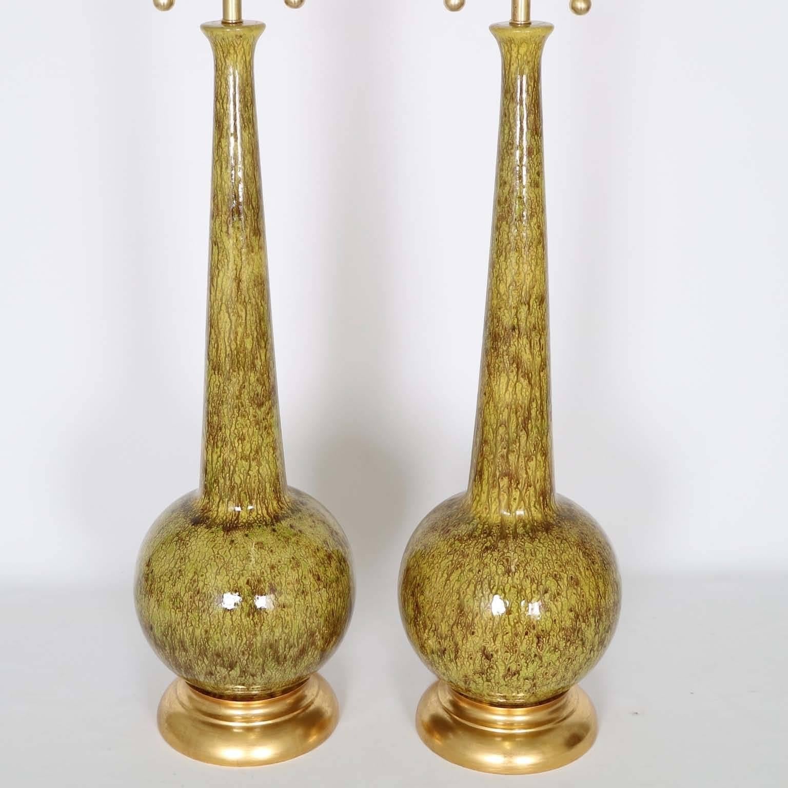 Gilt Restored Pair of MCM Drip Glaze Lamps