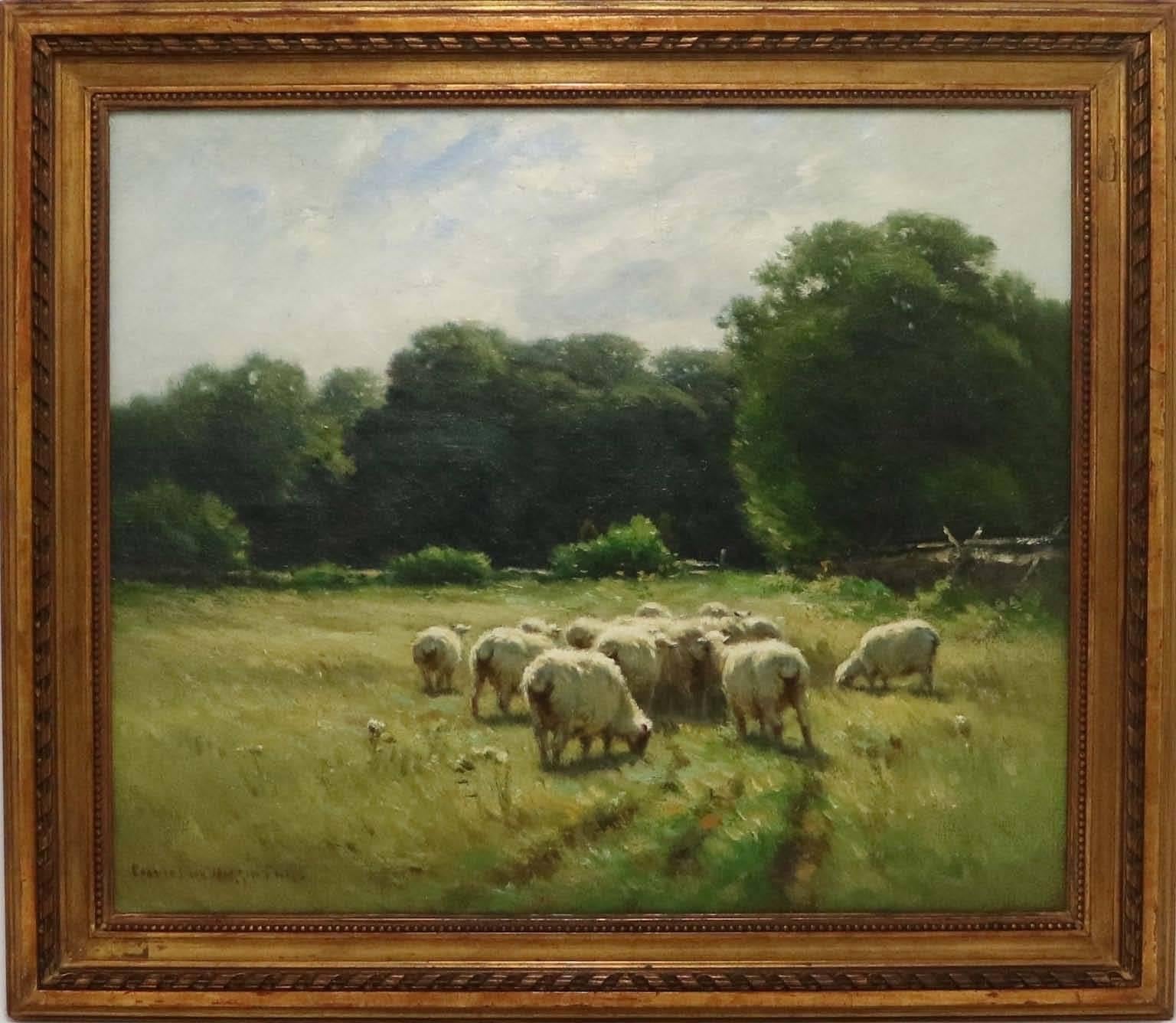 A signed oil on canvas by American artist Carleton Wiggins, a pastoral landscape in the impressionist manner, with a small flock of grazing sheep.

John Carleton Wiggins (American, 1848-1932) was a pastoral landscape painter, born in Turner, Orange