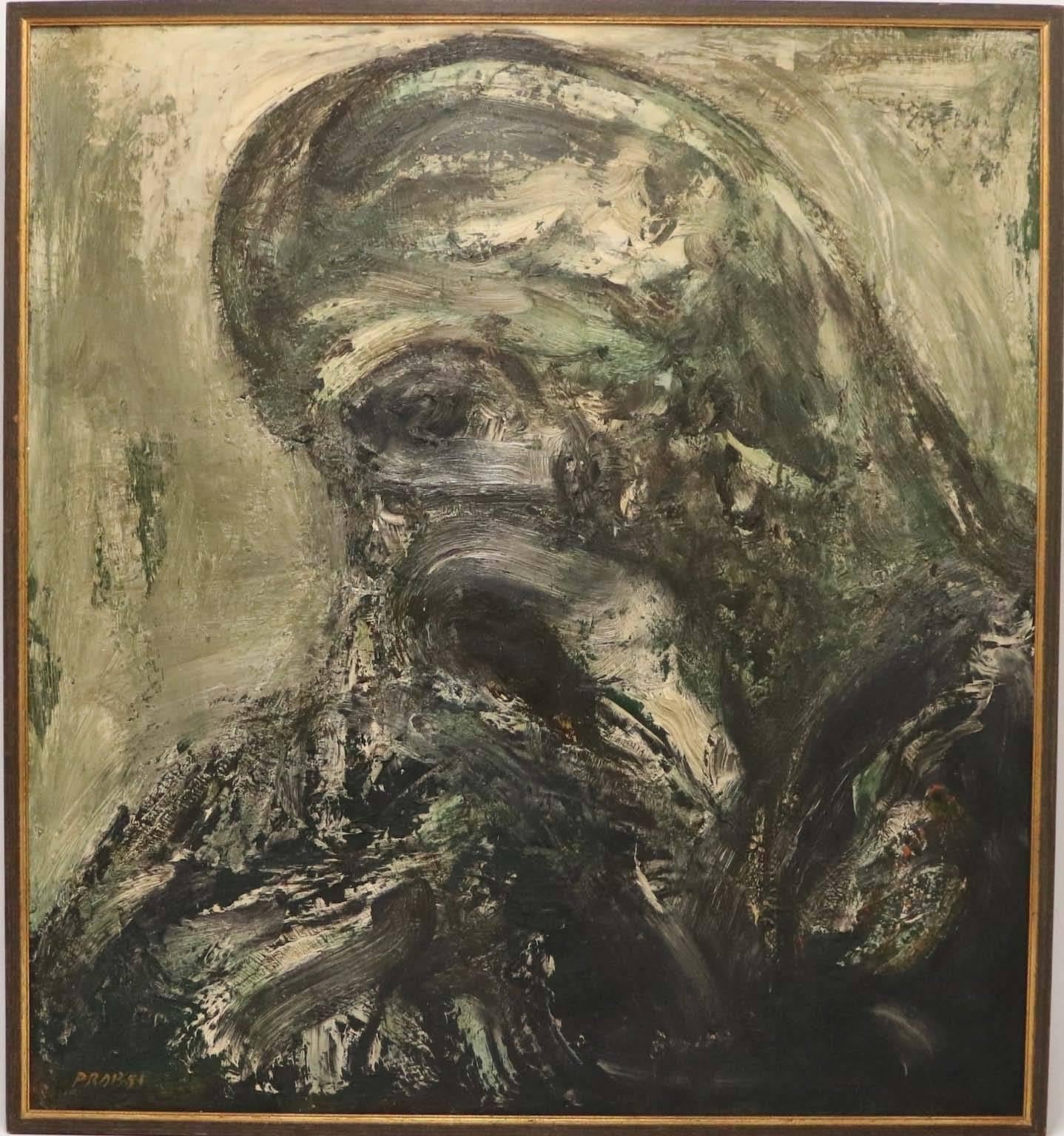 An oil on board, produced 1959 by modern painter Joachim Probst (1913-1980), titled "Christ Doomed" otherwise "The Grey Ghost", depicting the forlorn image of Christ in the Expressionist manner. Markings include the artist's