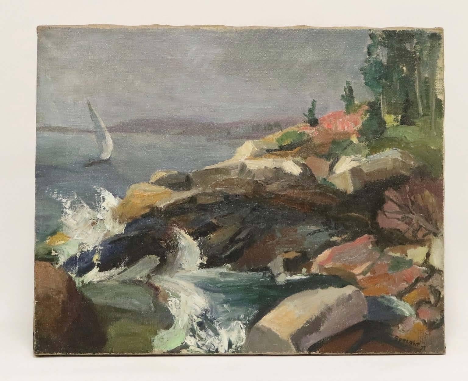  An oil on canvas painting by American artist Francis Speight (1896-1989), titled 'Summer in Maine' depicting an Expressionist manner landscape by the water. Markings include the artist's signature, signed and dated [Speight/ '37], [Summer in Maine/