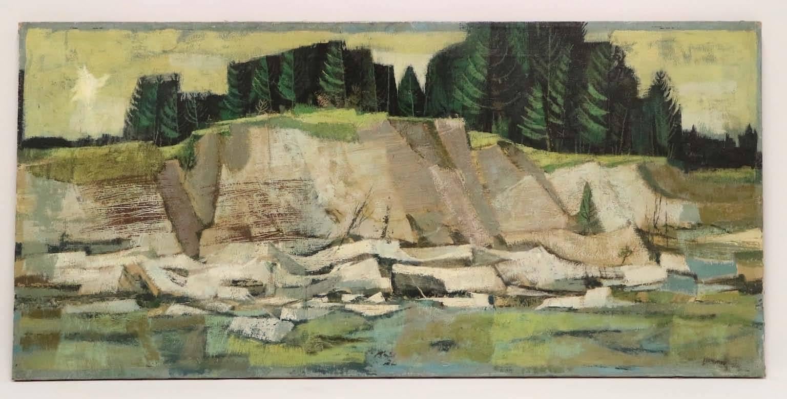 Oil on canvas by Ohio artist Kenneth J. Lipstreu (American, 1923-1998), depicting a mountainous landscape in the Cubist manner. Excellent vintage condition, consistent with age and use.

10932