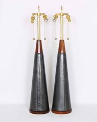Pair of Mid-Century Modern Black Ceramic and Walnut Lamps by Quartite Creative