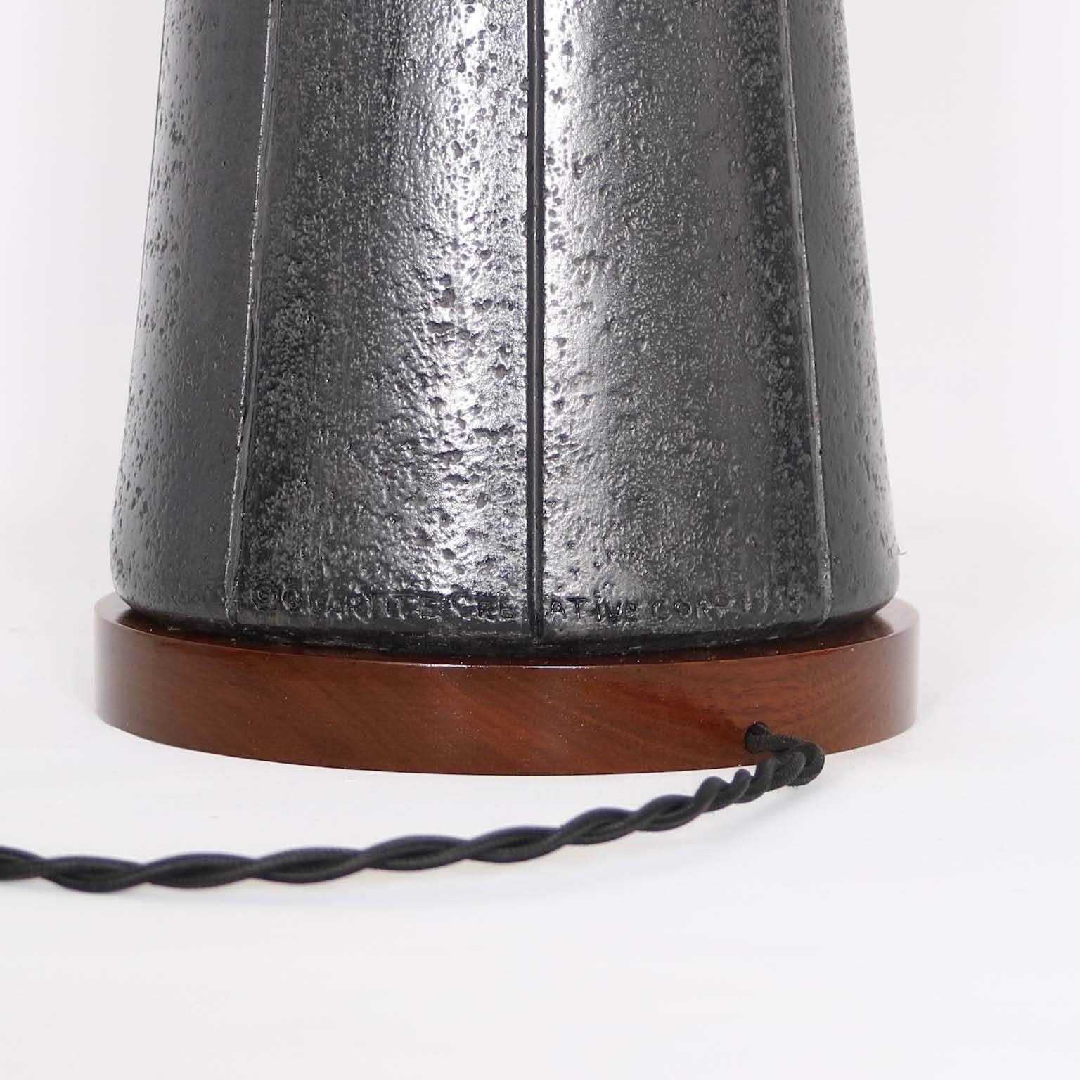 Mid-20th Century Pair of Mid-Century Modern Black Ceramic and Walnut Lamps by Quartite Creative