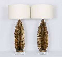 Monumental Mid-Century Modern Brutalist Pair of Lamps in Paul Evans Manner
