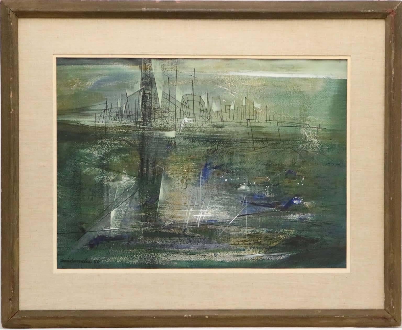 An mixed media abstract landscape on paper by Xavier Gonzalez (1898 - 1993), signed and framed. Markings include the artist's signature, dated 1950 to the lower left corner. Excellent condition, consistent with age.

A painter of landscapes and
