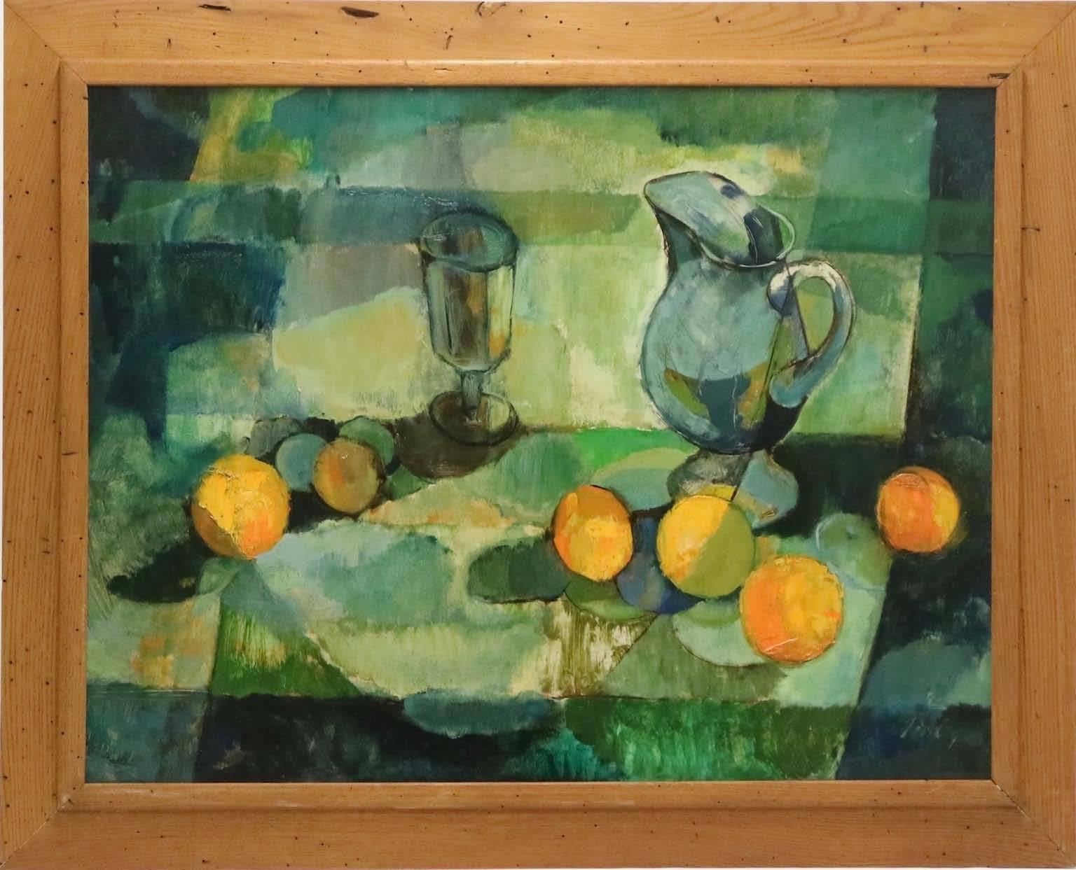 A still life in oil on masonite by American artist Dorothy Finley (20th Century), produced circa 1950s, depicting a pitcher, goblet and scattered oranges, rendered in the fauvist manner. Markings include the artist's signature to the bottom right