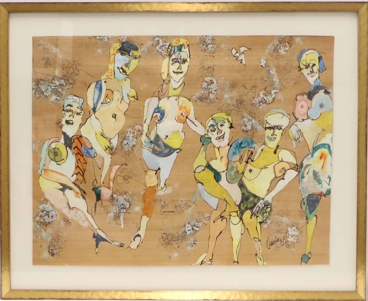 A mixed media on wood by Charles Keeling Lassiter (1926-2005), produced circa 1960s, depicting a gathering of abstract nude figures. Markings include the artist's signature and date [Lassiter/ '66] to the lower right corner. 

When Lassiter broke