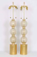 Pair of Barbini Hollywood Regency Murano Bullicante Glass Lamps with Gold Leaf