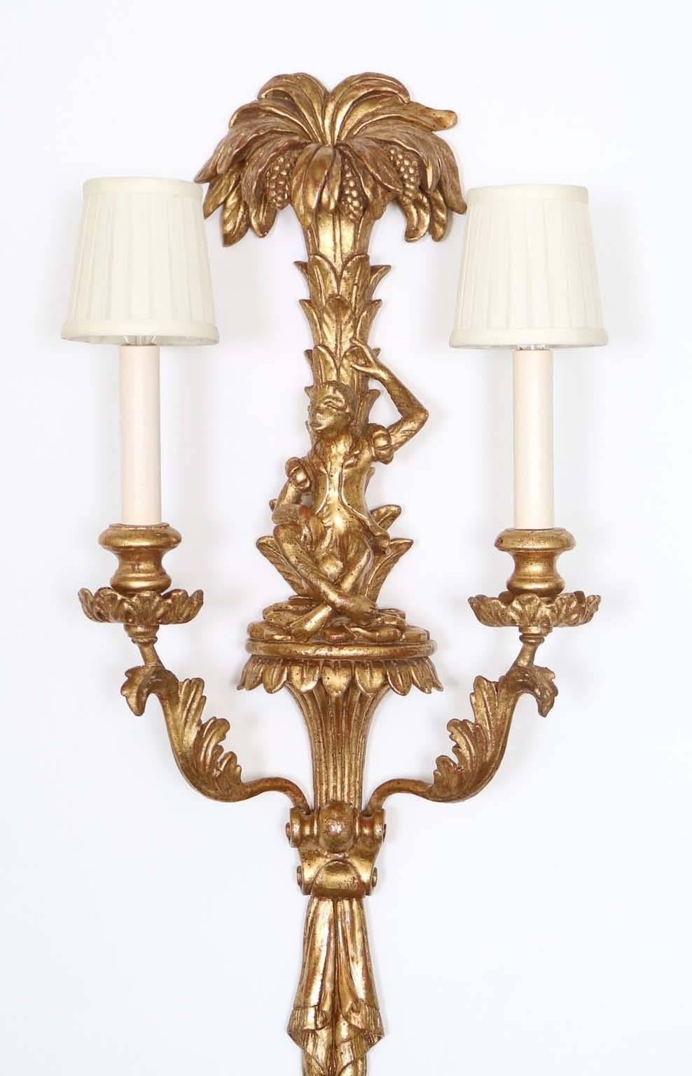 Pair of Mid-Century Italian Hollywood Regency Gilded Monkey Sconces In Excellent Condition In Astoria, NY