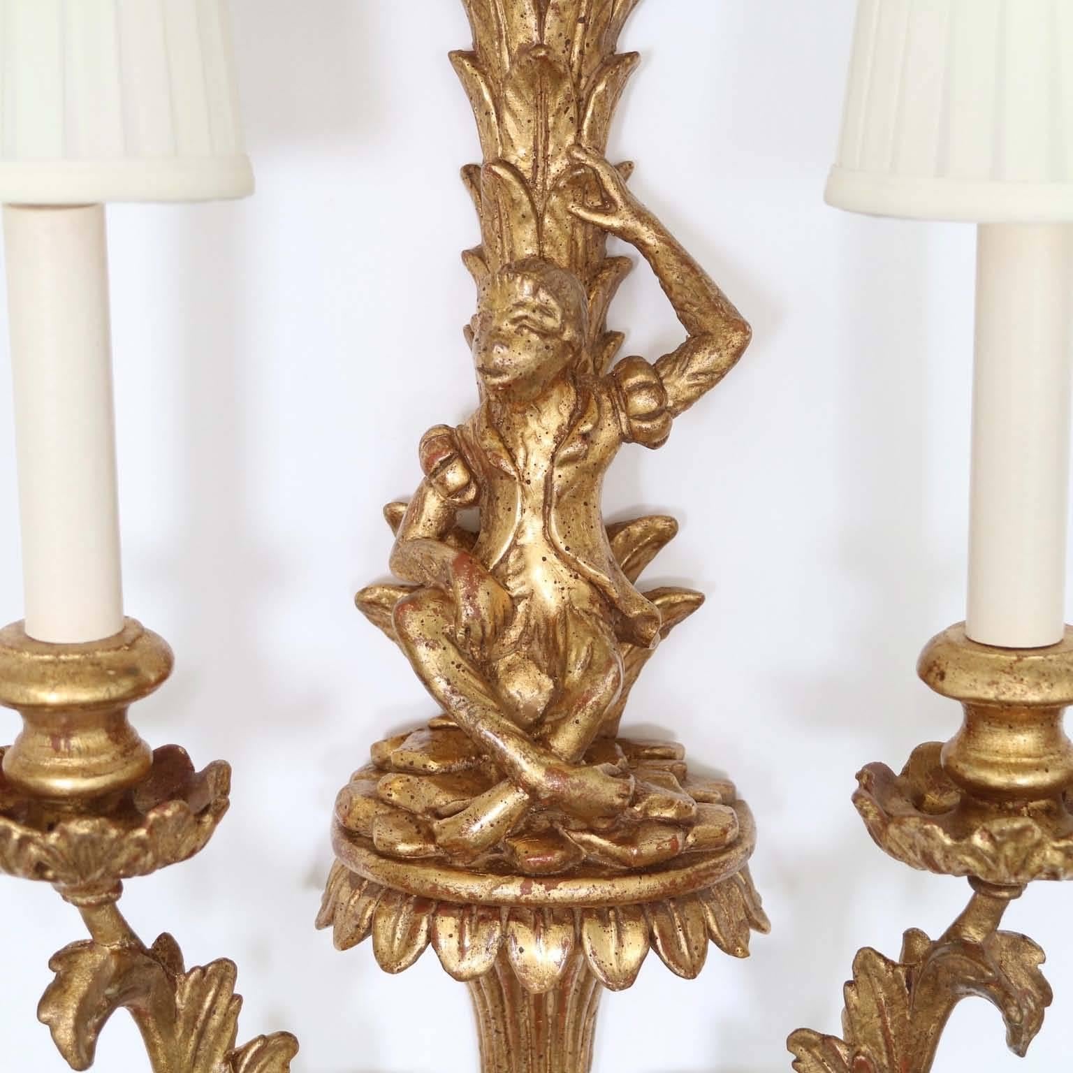 Gold Leaf Pair of Mid-Century Italian Hollywood Regency Gilded Monkey Sconces