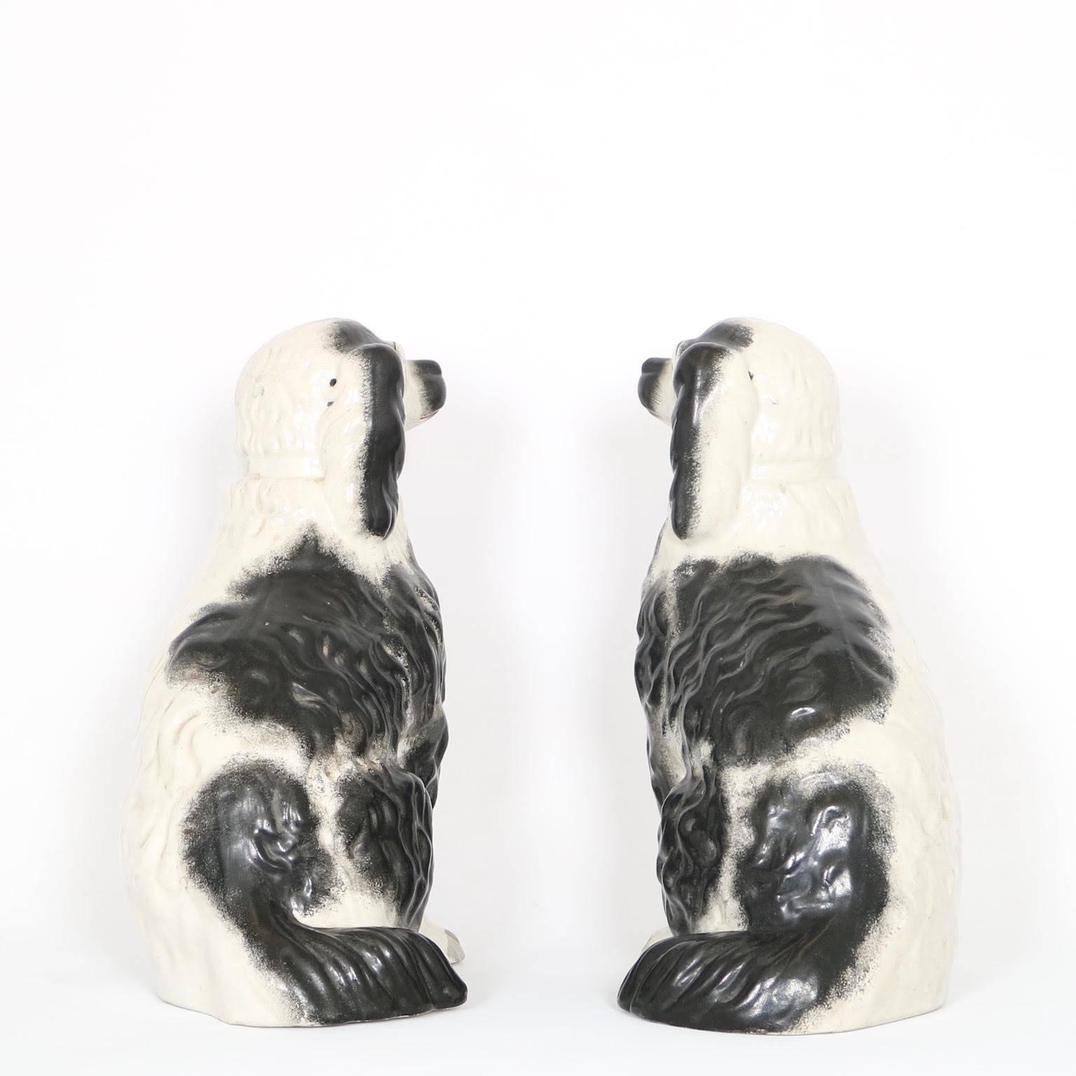Victorian Large Pair of Staffordshire Hand-Painted Porcelain Dog Figurines