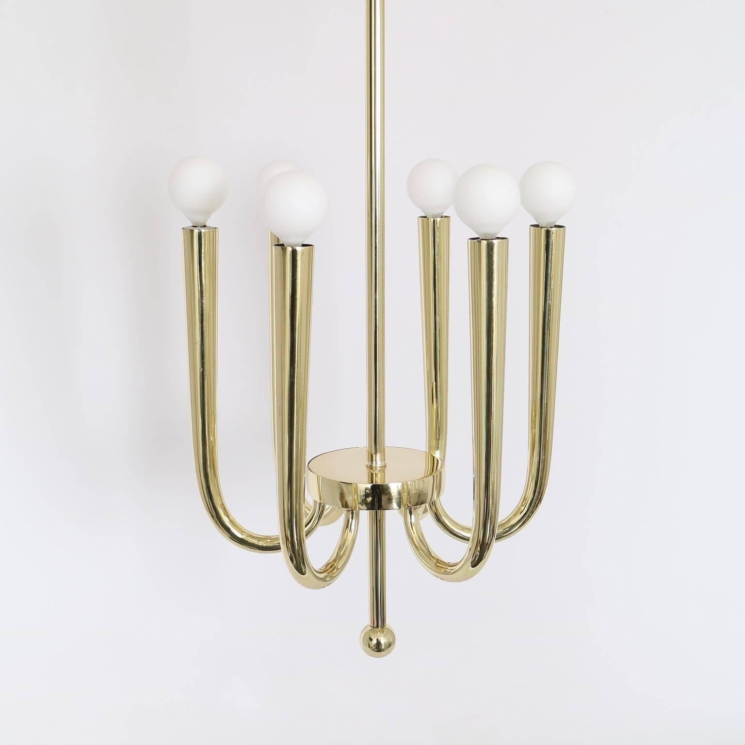 An Italian Art Deco period six-light brass chandelier, attributed to designer Gio Ponti. This chandelier came from a house in Rome, built within the 1930s era. Very good vintage condition, consistent with age and use, completely restored, polished