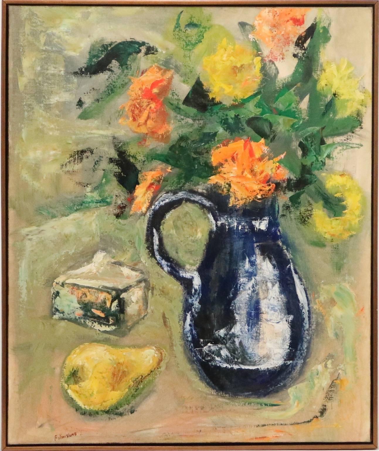 A signed expressionist still life by John F. Folinsbee (American, 1892-1972), obtained from a private collection, rendered in oil on paper, laid on canvas, depicting a floral arrangement in a blue pitcher, including a nearby pear and small box.